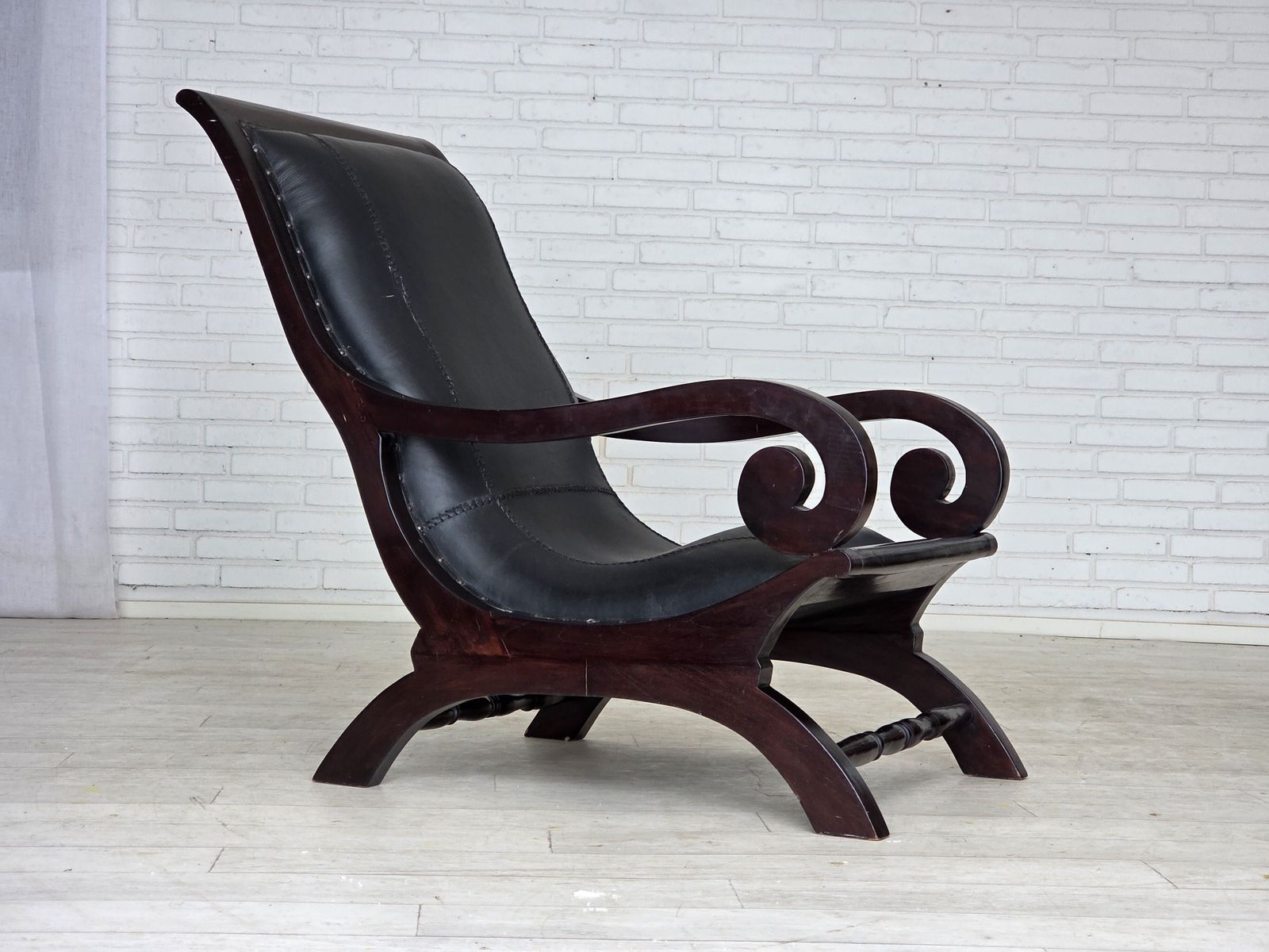 1970s, Vintage Armchair With Footstool, Black Furniture Leather. photo vintage