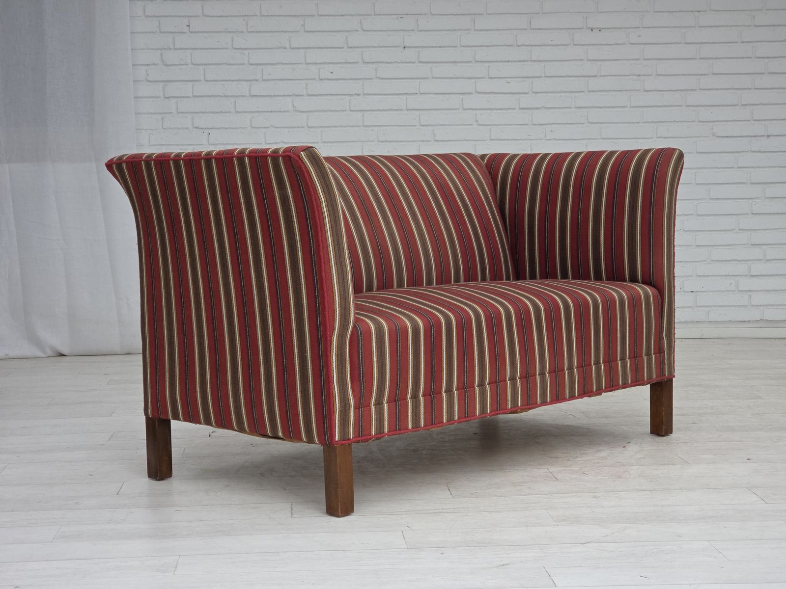 1960s, Danish 2 Seater Sofa, Striped Red/Multicolor Furniture Wool. photo vinterior