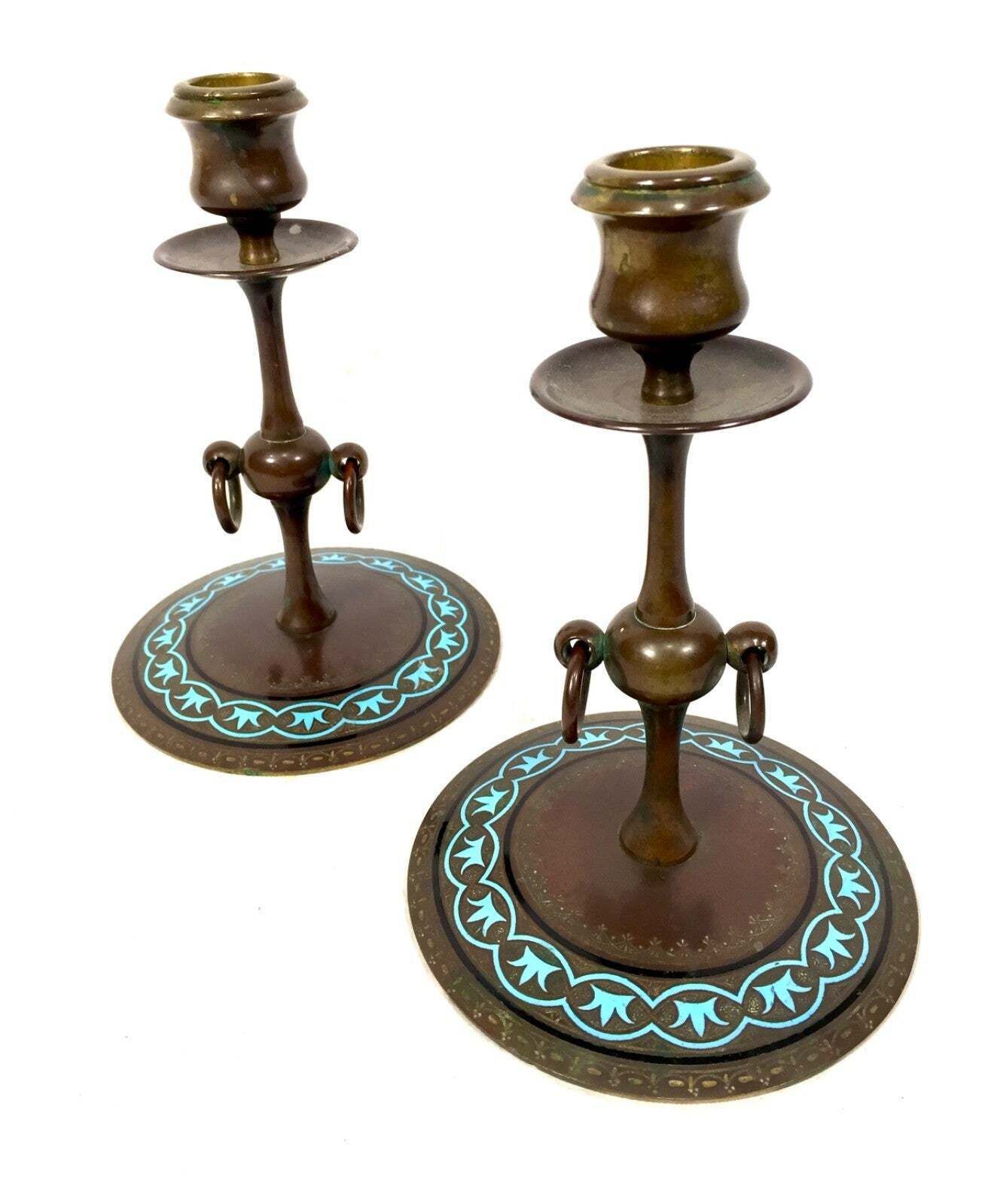 Antique Pair Of Brass Art Nouveau Candle Stick Holders / Decorative Blue Inlay photo furniture
