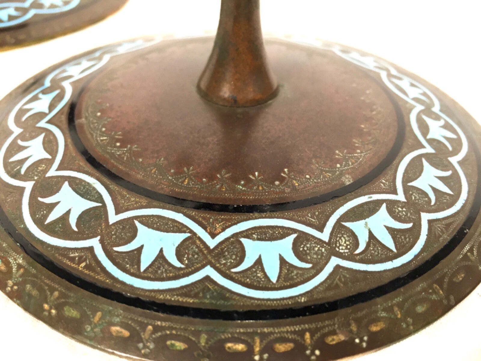 Antique Pair Of Brass Art Nouveau Candle Stick Holders / Decorative Blue Inlay photo for sale
