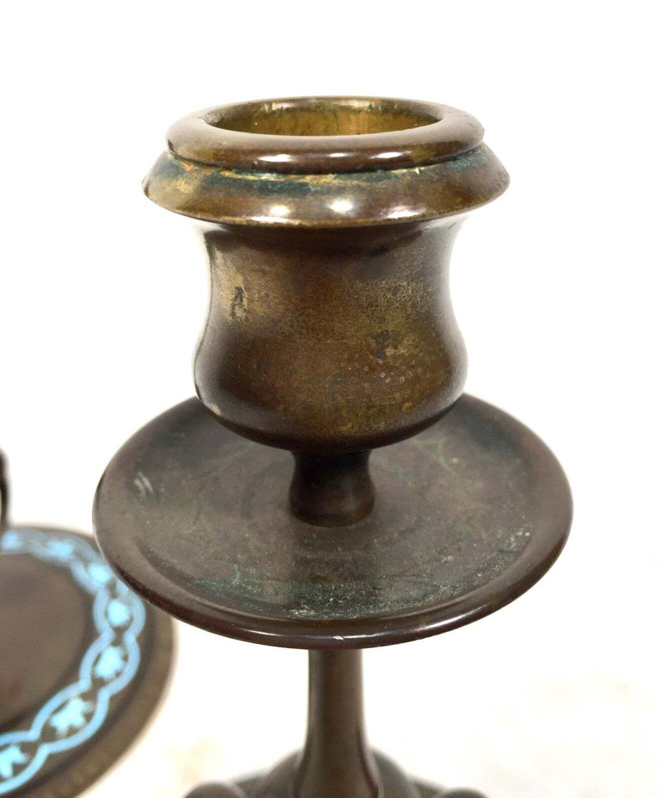 Antique Pair Of Brass Art Nouveau Candle Stick Holders / Decorative Blue Inlay photo Home Decor