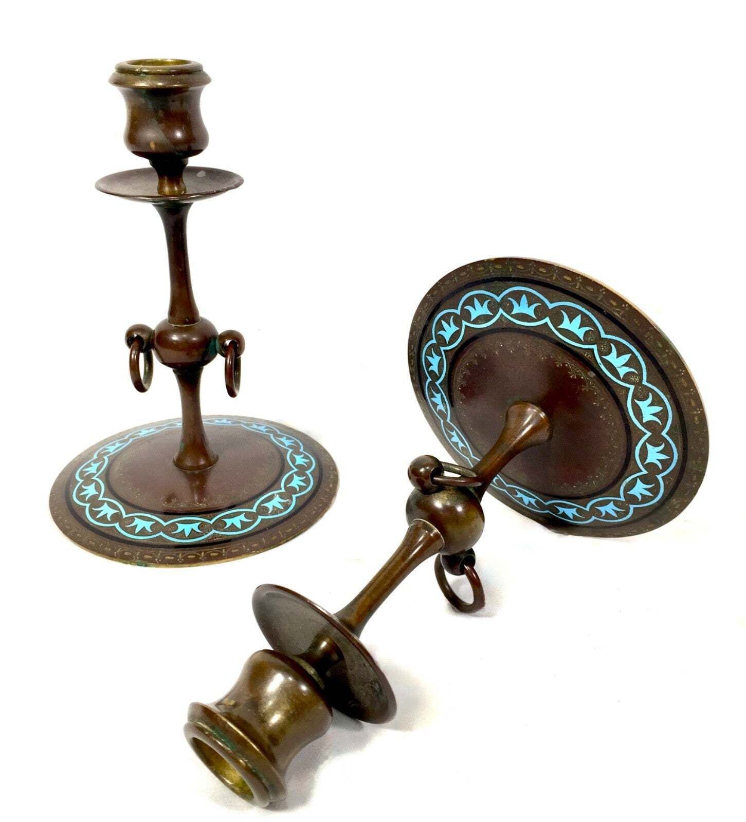 Antique Pair Of Brass Art Nouveau Candle Stick Holders / Decorative Blue Inlay photo 149.0