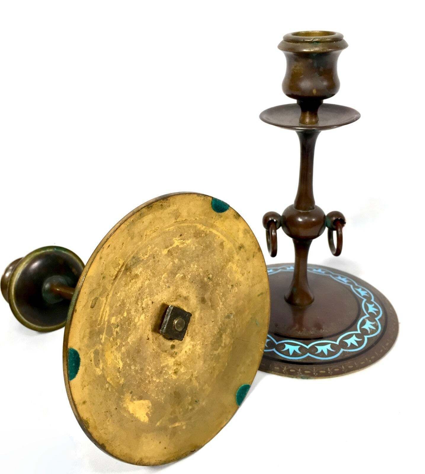 Antique Pair Of Brass Art Nouveau Candle Stick Holders / Decorative Blue Inlay photo buy