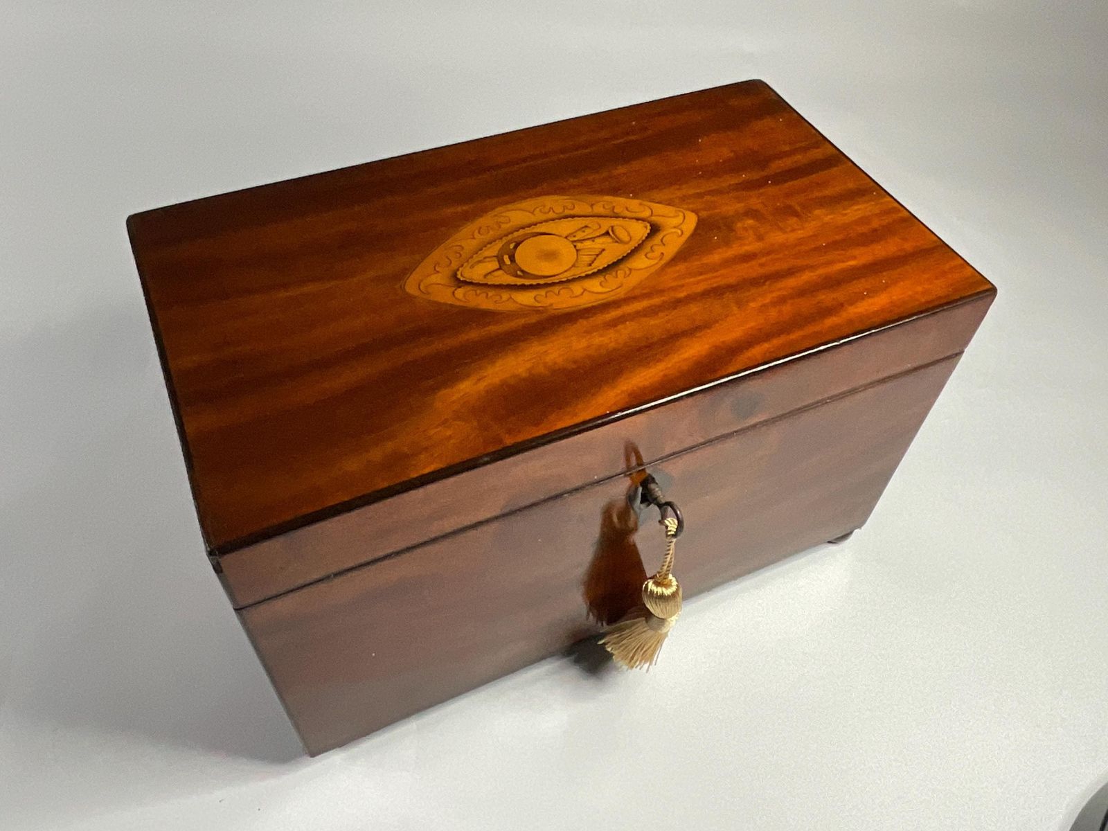 Antique Victorian Marquetry Musical Box, Inlaid Flute And Lute.