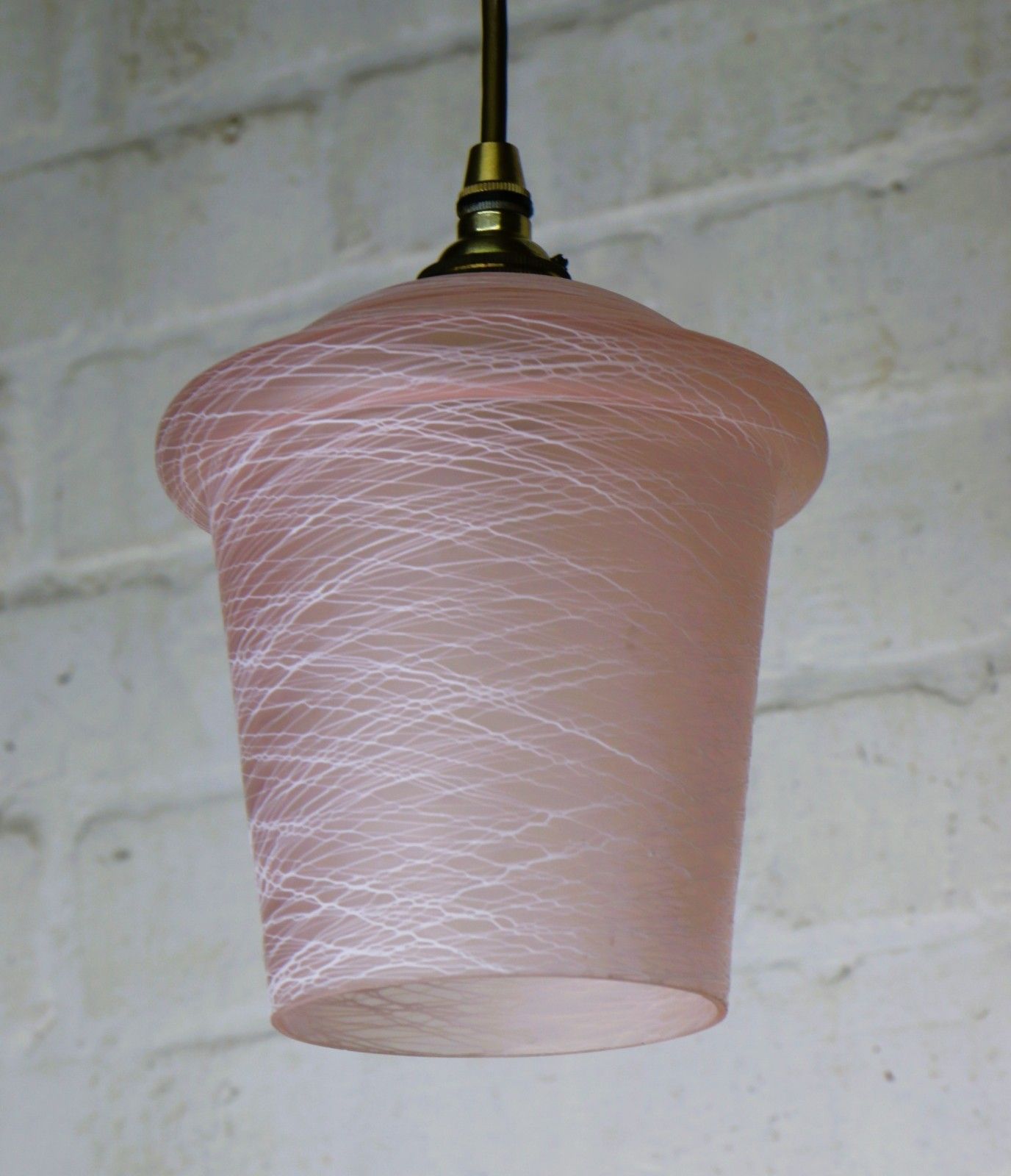 Ceiling Light 1950's Mcm Pink Glass Lampshade Pendant White Spun Glass Overlay photo for sale