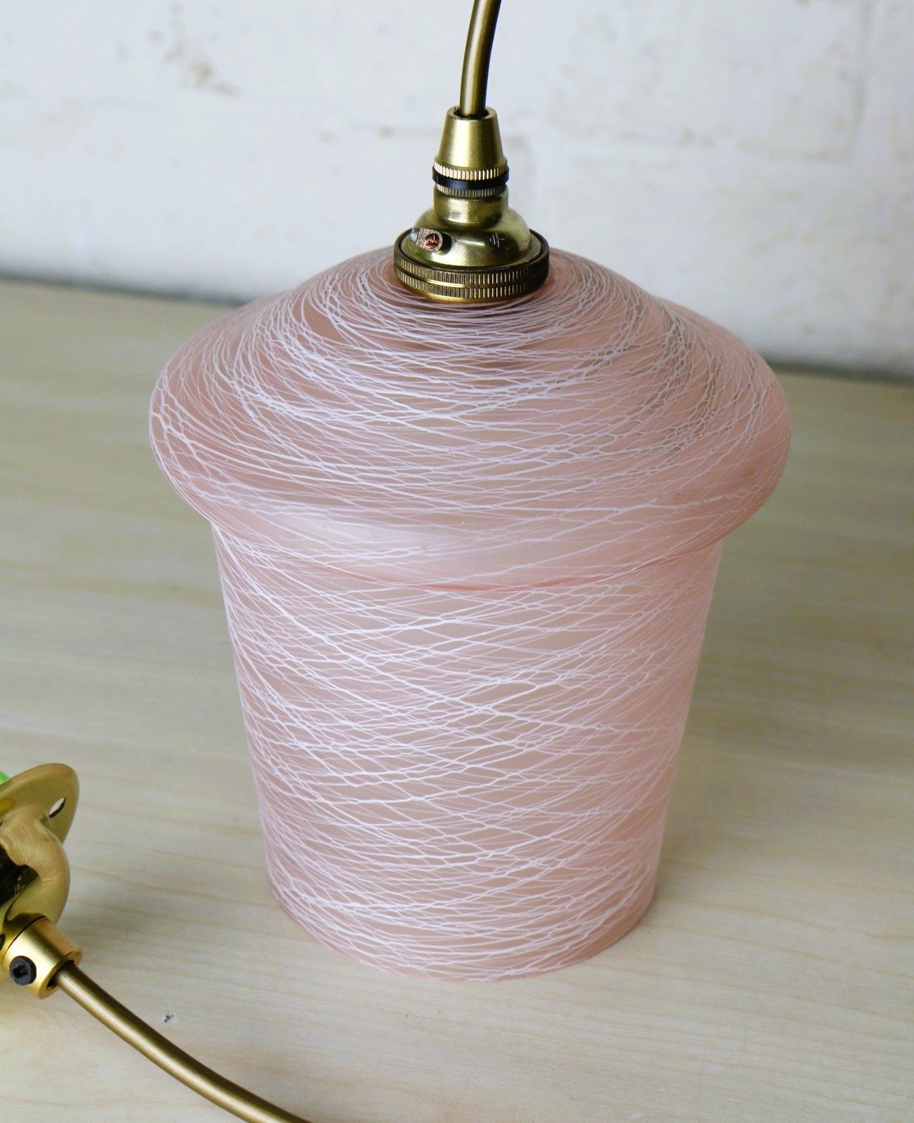 Ceiling Light 1950's Mcm Pink Glass Lampshade Pendant White Spun Glass Overlay photo 112.0