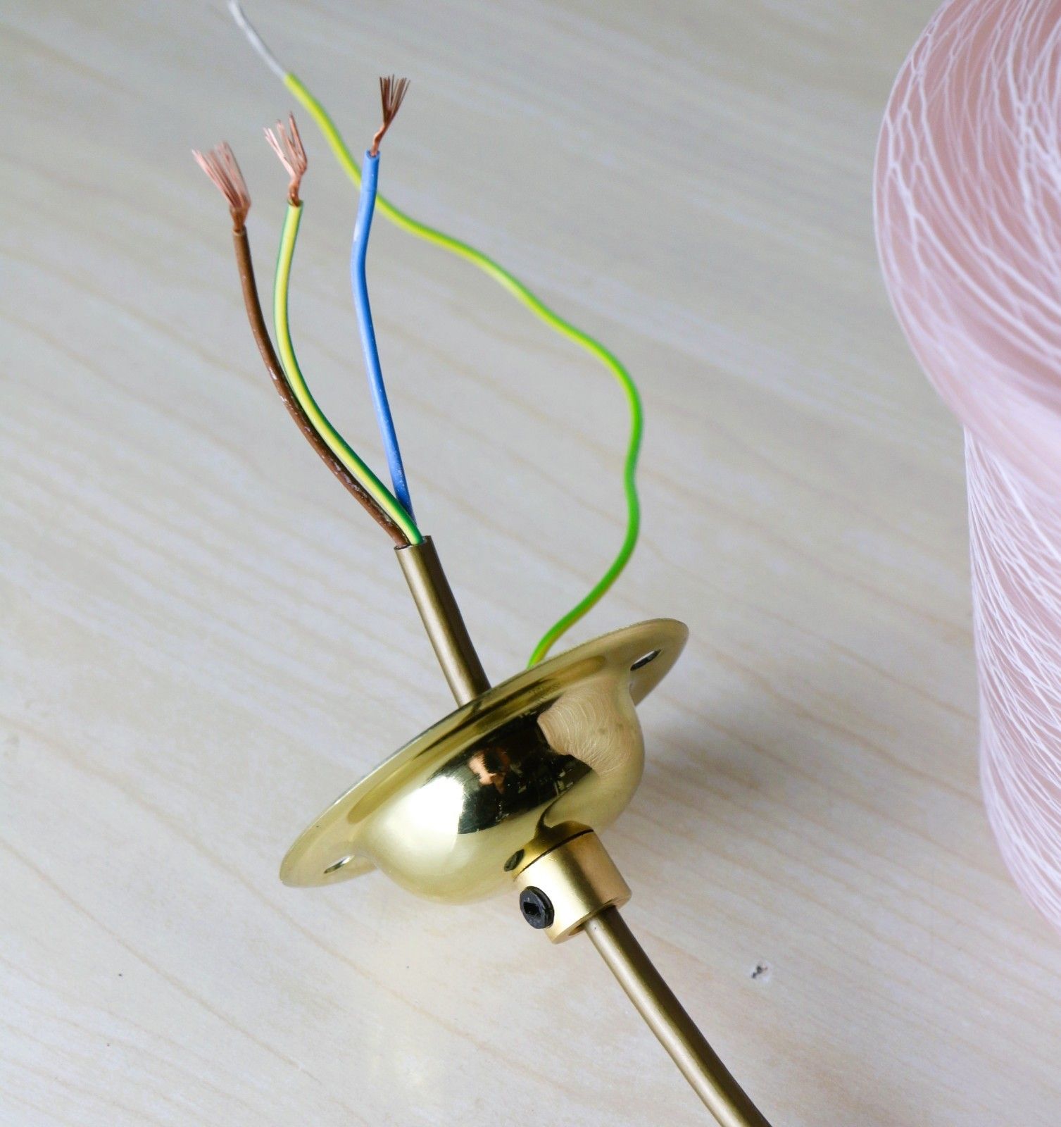 Ceiling Light 1950's Mcm Pink Glass Lampshade Pendant White Spun Glass Overlay photo vinterior