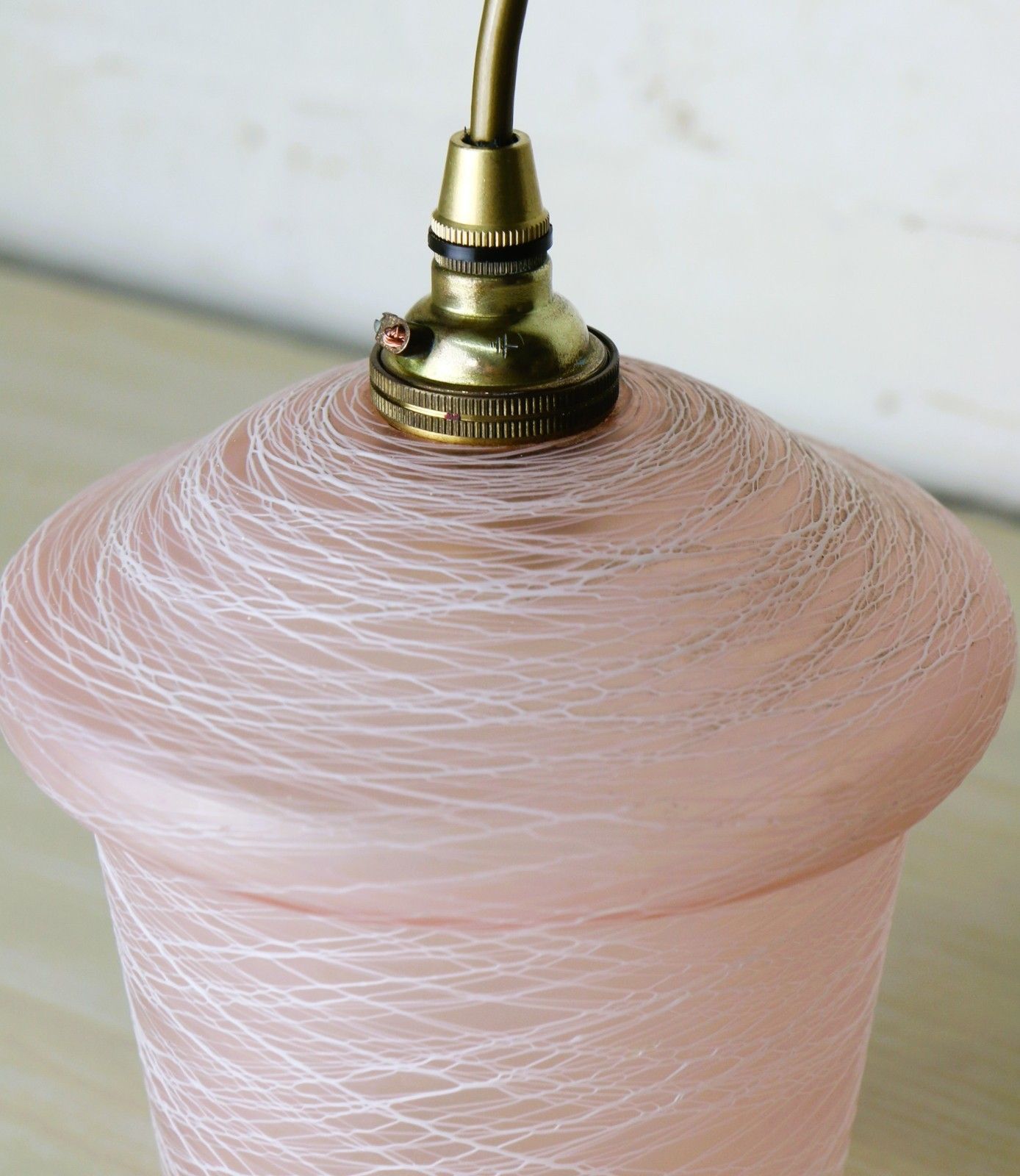 Ceiling Light 1950's Mcm Pink Glass Lampshade Pendant White Spun Glass Overlay photo buy