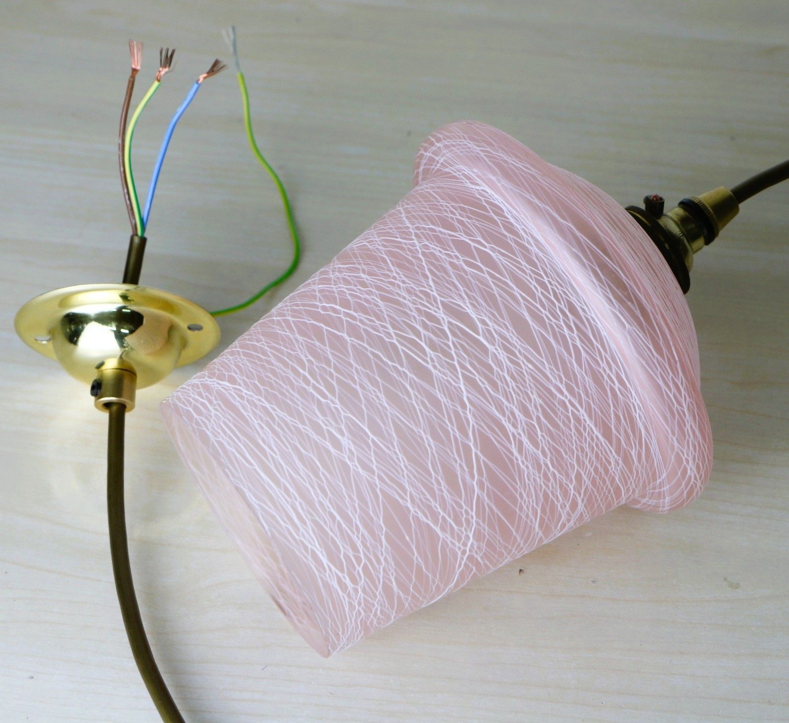 Ceiling Light 1950's Mcm Pink Glass Lampshade Pendant White Spun Glass Overlay photo vintage