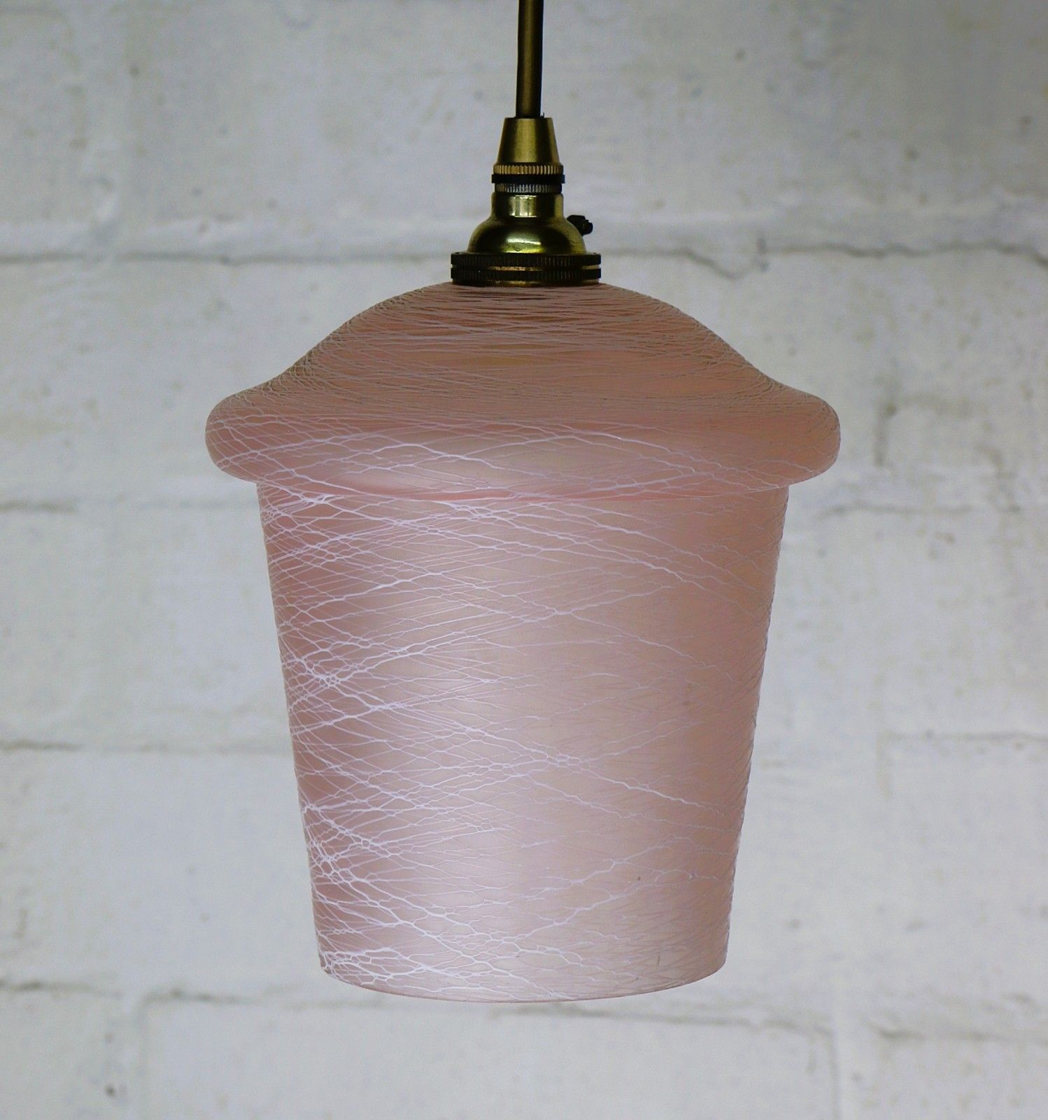 photo for sale Ceiling Light 1950's Mcm Pink Glass Lampshade Pendant White Spun Glass Overlay