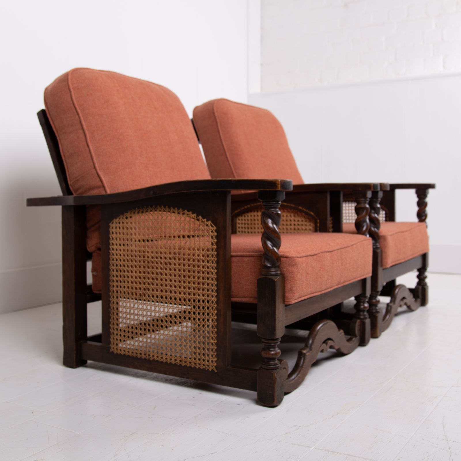 photo vintage Antique Pair Of Oak Framed Armchairs New Cushions C1920