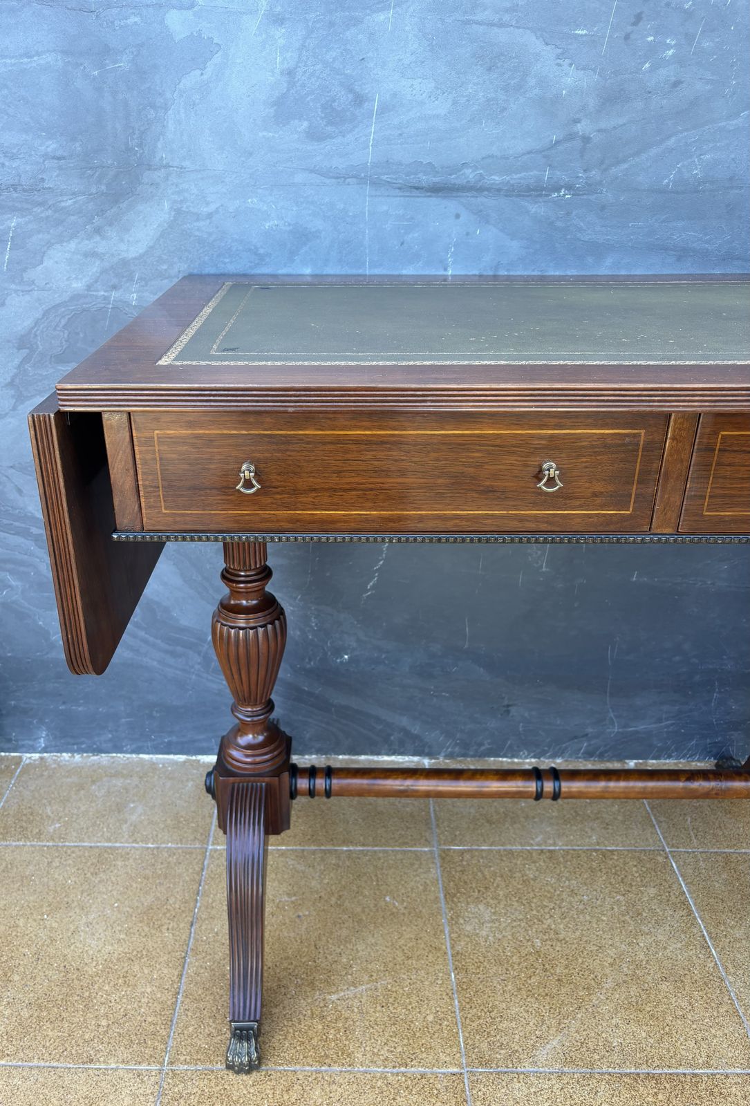 2950.0 Spanish Regency Revival Drop Leaf Writing Table With Leather Top, 1940s photo