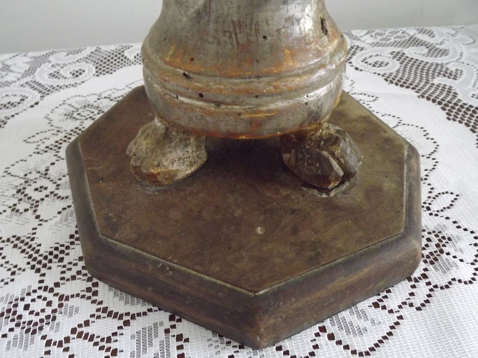 photo vintage 18th Century Church Altar Candlestick Converted To Table Lamp Hide Skin Shade