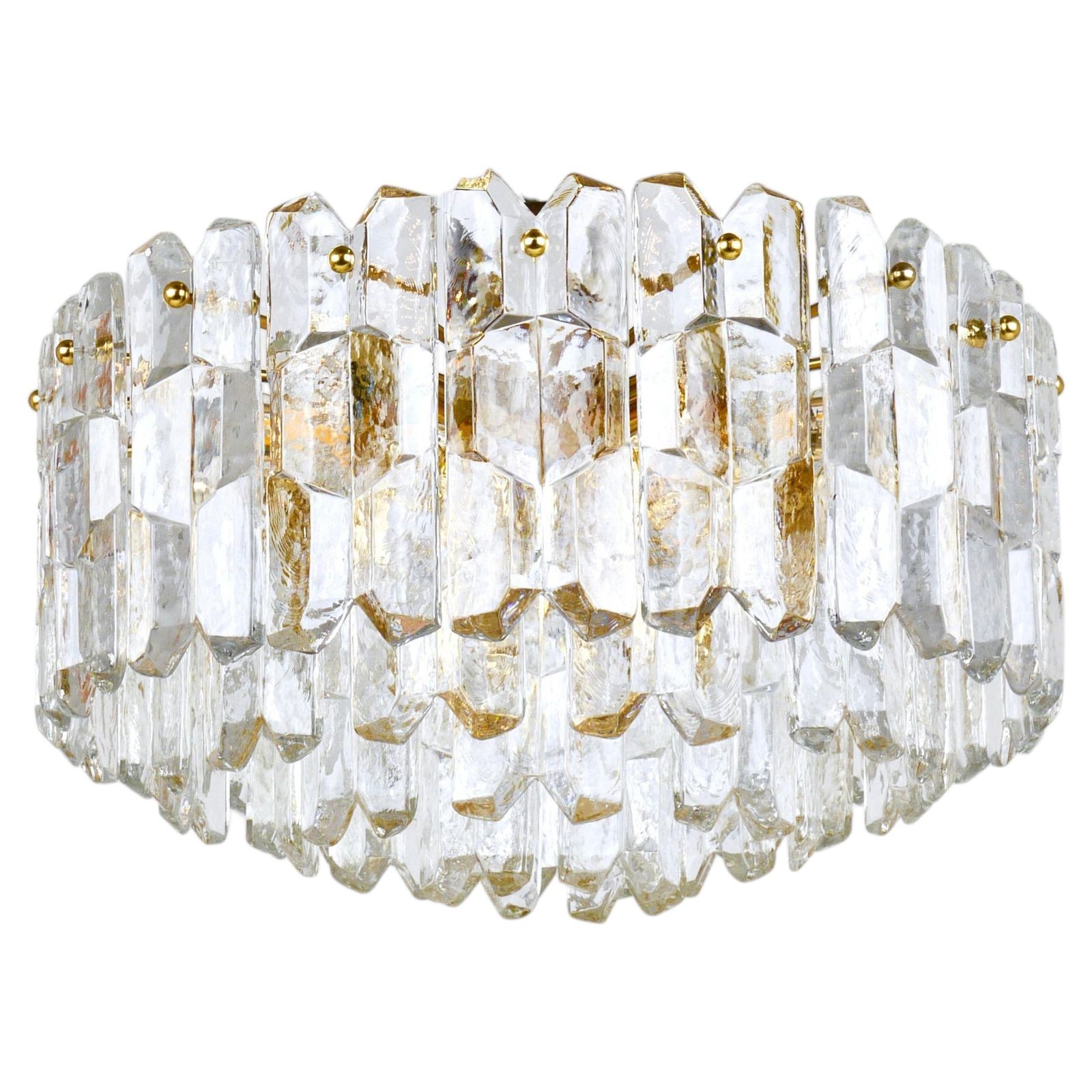 Huge J.T. Kalmar Palazzo Gilt Brass & Glass Chandelier Flush Mount, 1950s