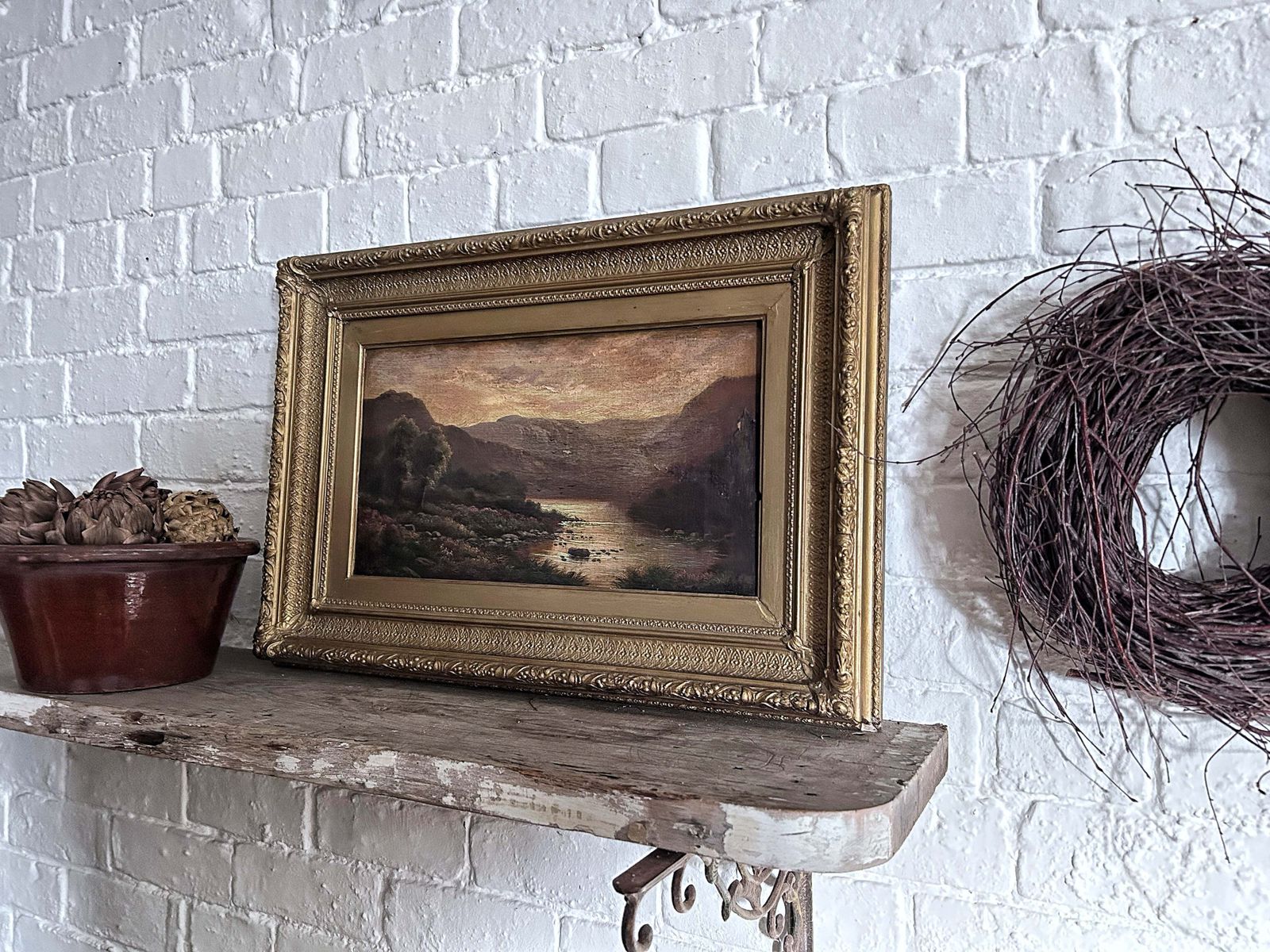 Victorian Antique Scottish Highland Loch Oil Painting On Canvas photo furniture