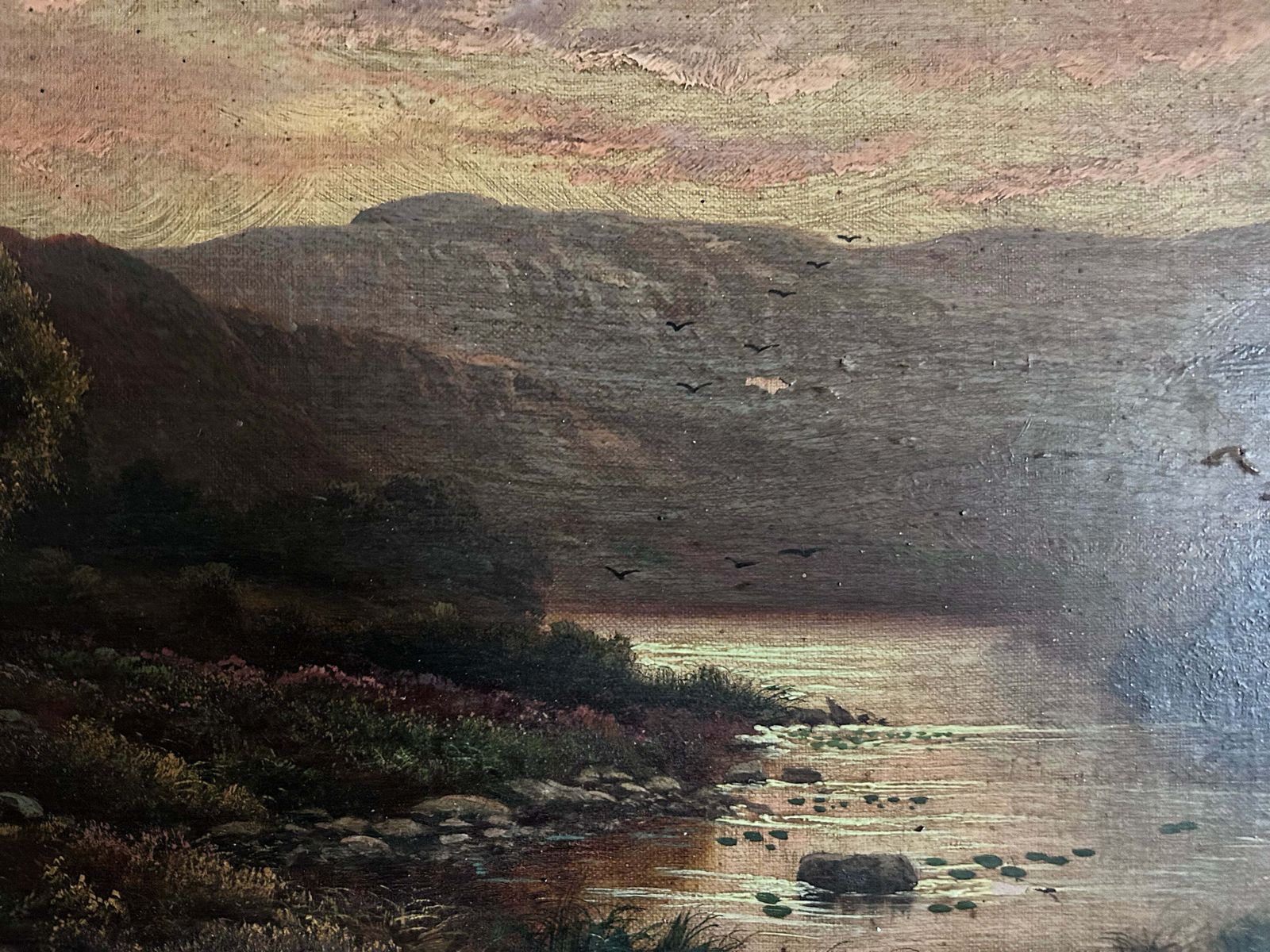 Victorian Antique Scottish Highland Loch Oil Painting On Canvas photo Art
