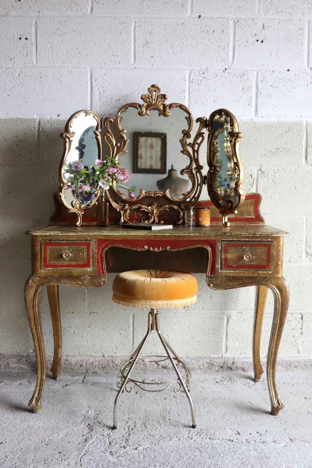 Striking Vintage Gold Florentine Two Drawer Dressing Table Or Writing Desk
