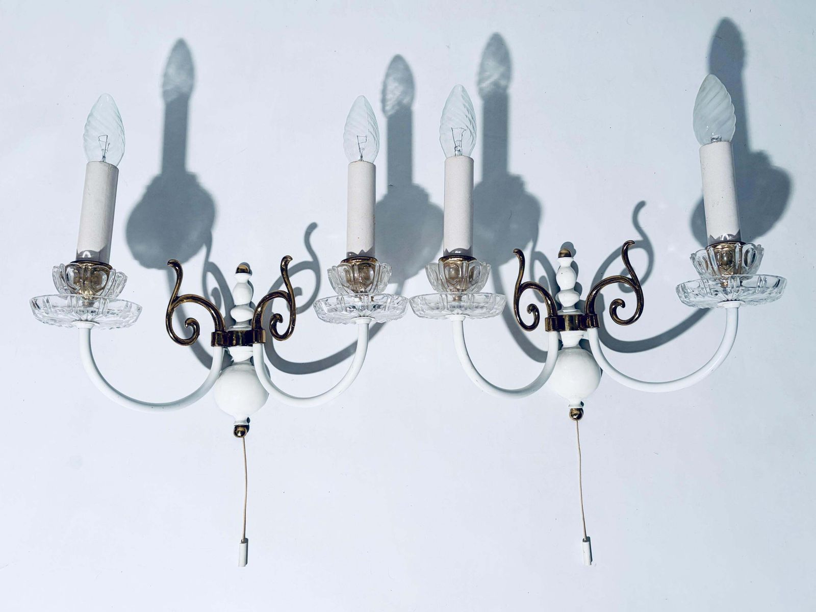 Two Vintage Wall Lamps With Candle Chandelier Motif Arms White Brass / Elegant Decor photo furniture