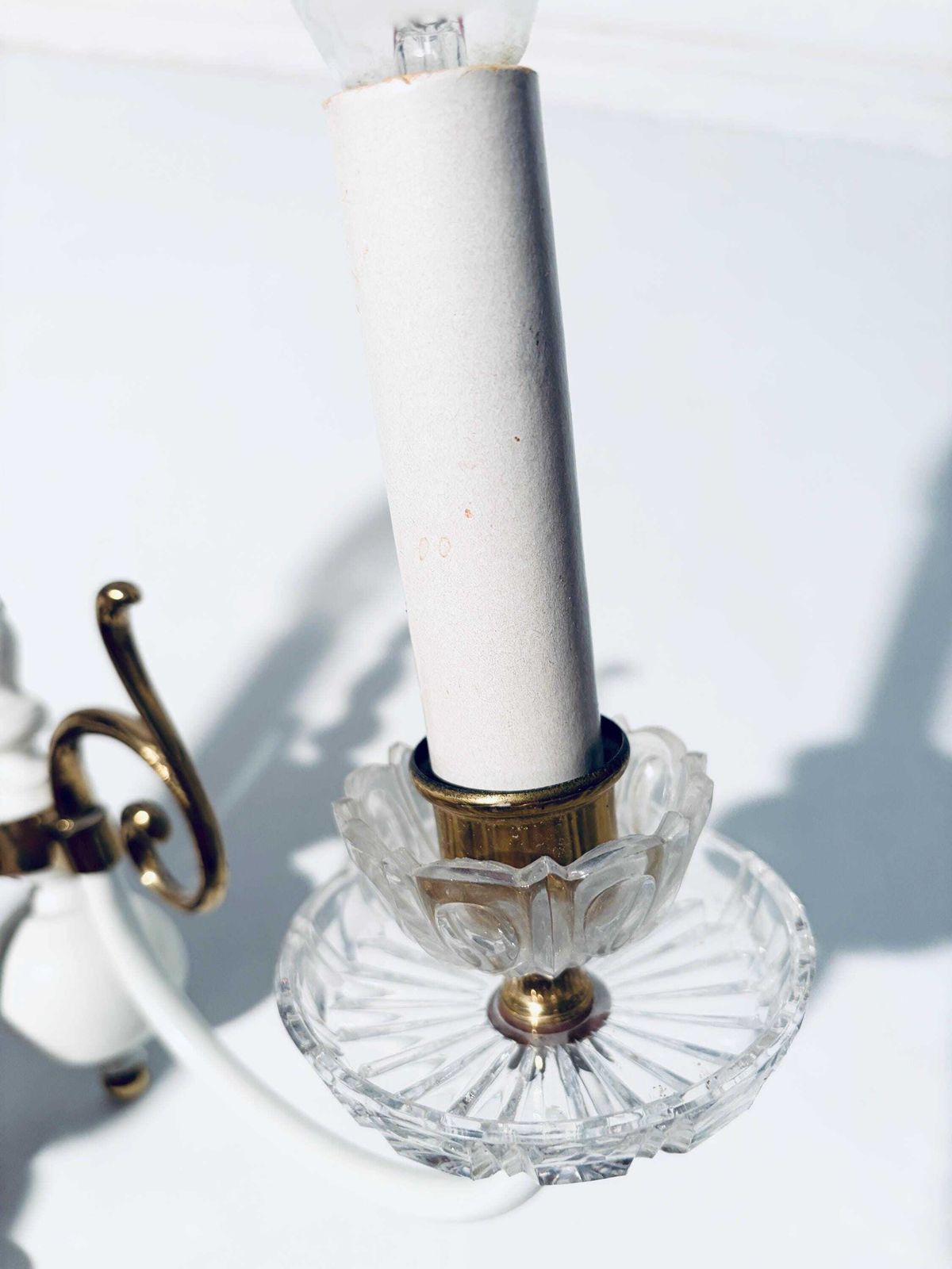 photo for sale Two Vintage Wall Lamps With Candle Chandelier Motif Arms White Brass / Elegant Decor