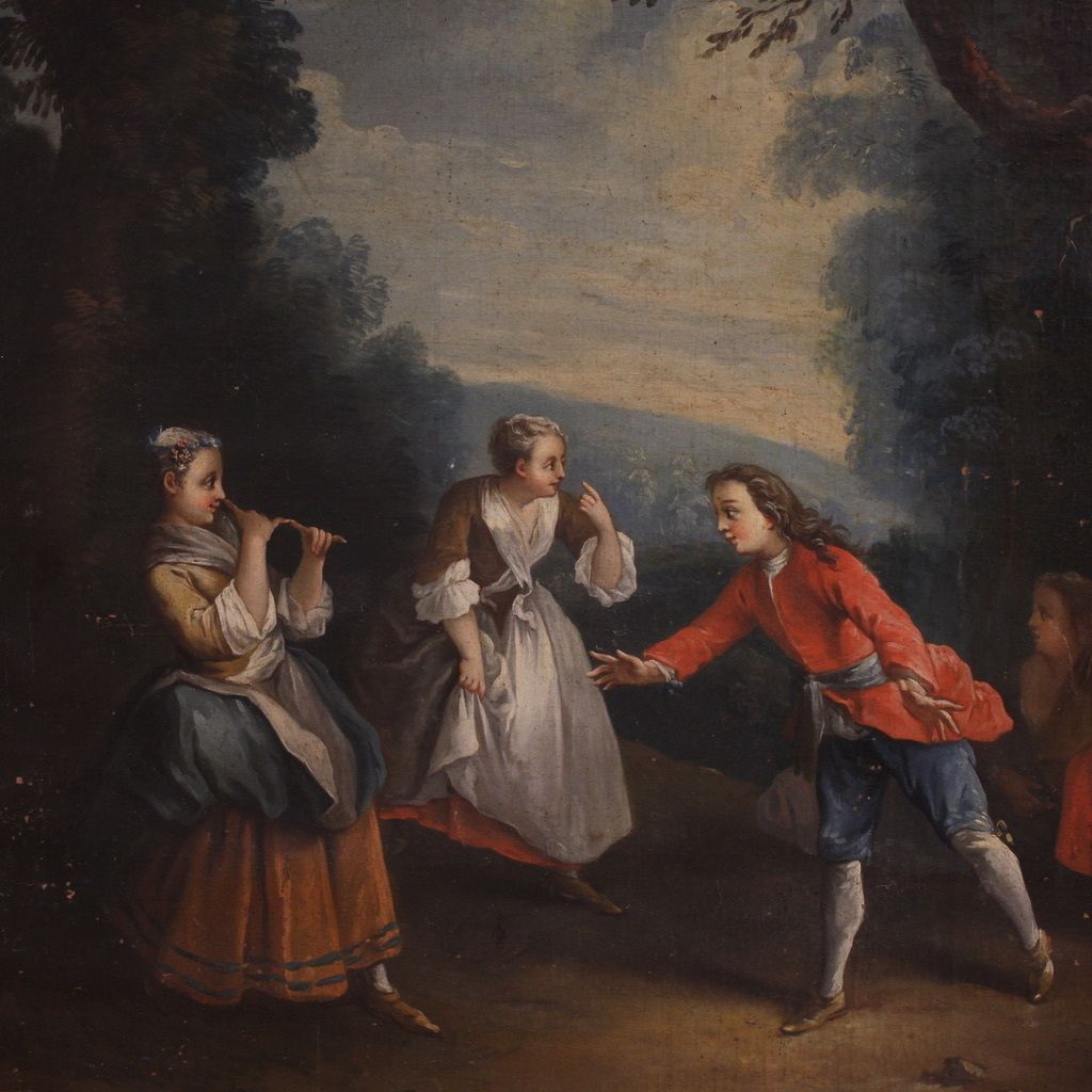 Antique French Painting Of Children Playing From The 18th Century
