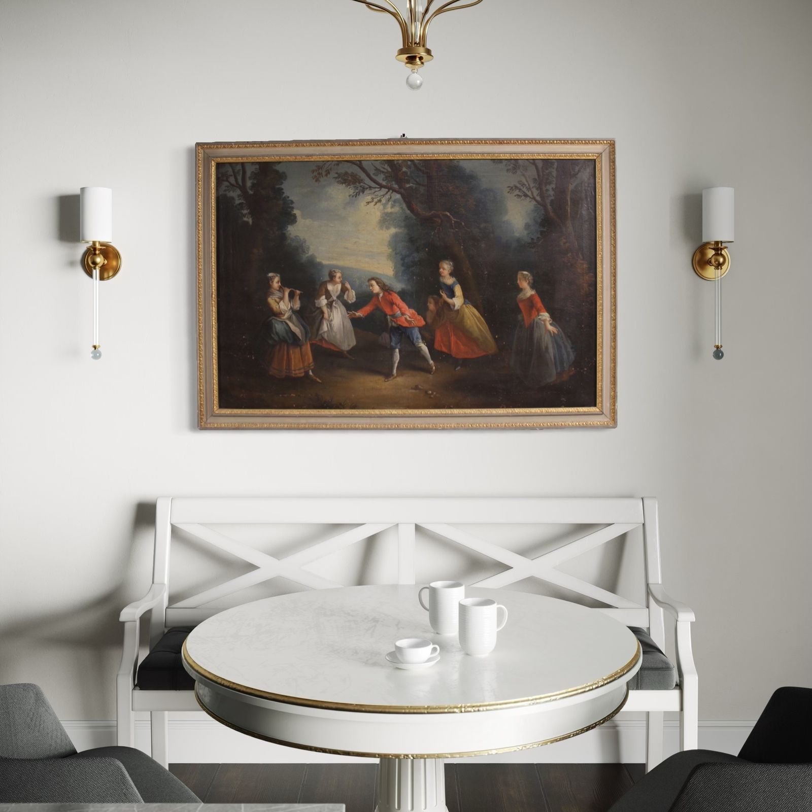 Antique French Painting Of Children Playing From The 18th Century photo vintage