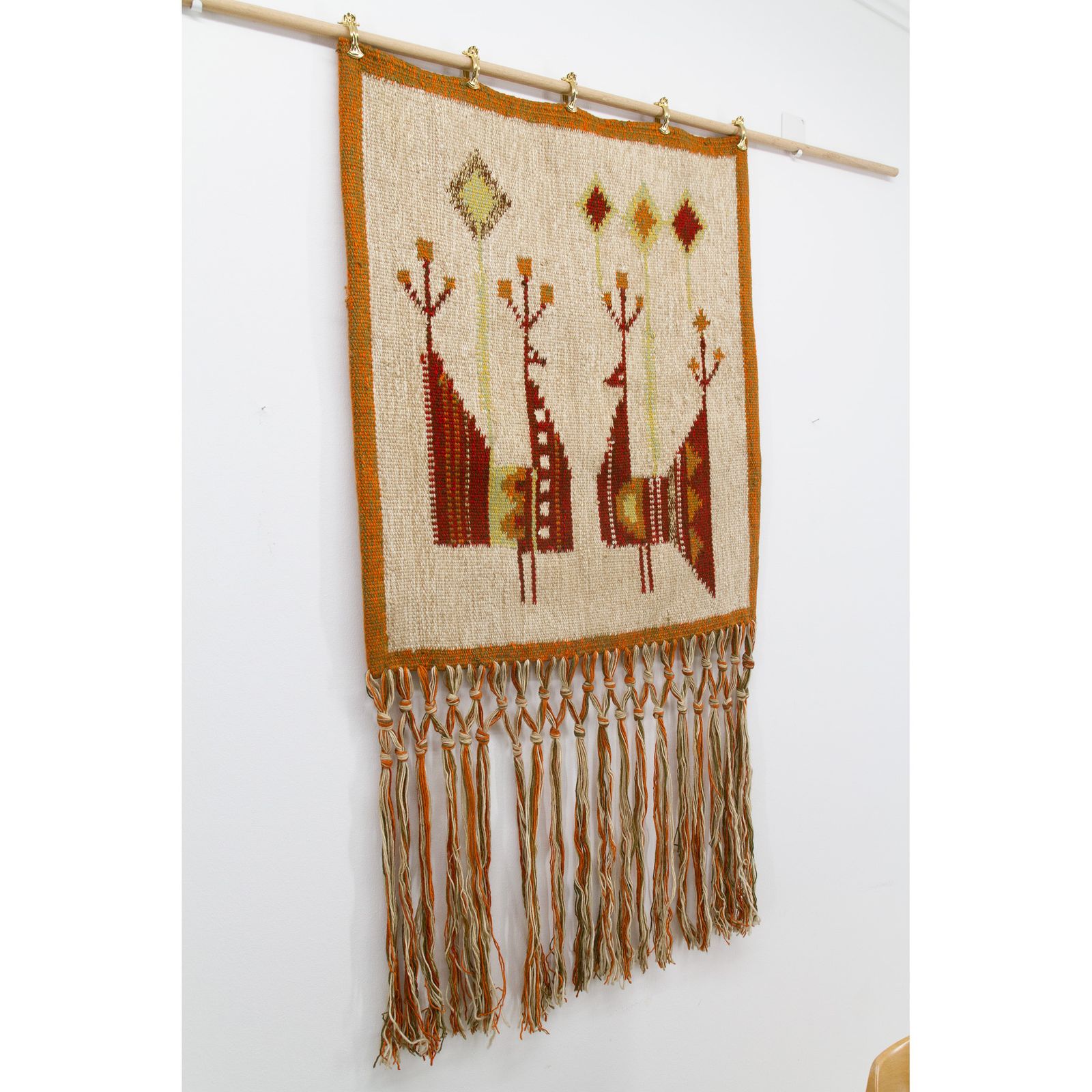 Mid Century 1970s Handwoven Wool Wall Hanging W Stylized Peacocks, By Eva Nemeth photo vinterior