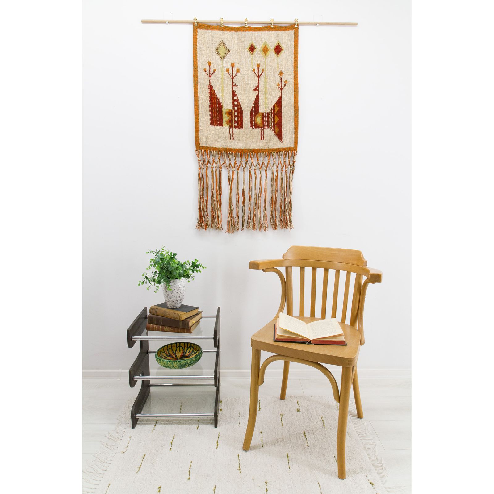 photo for sale Mid Century 1970s Handwoven Wool Wall Hanging W Stylized Peacocks, By Eva Nemeth
