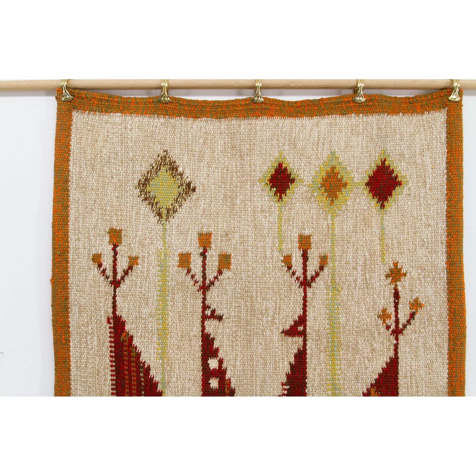 photo vinterior Mid Century 1970s Handwoven Wool Wall Hanging W Stylized Peacocks, By Eva Nemeth