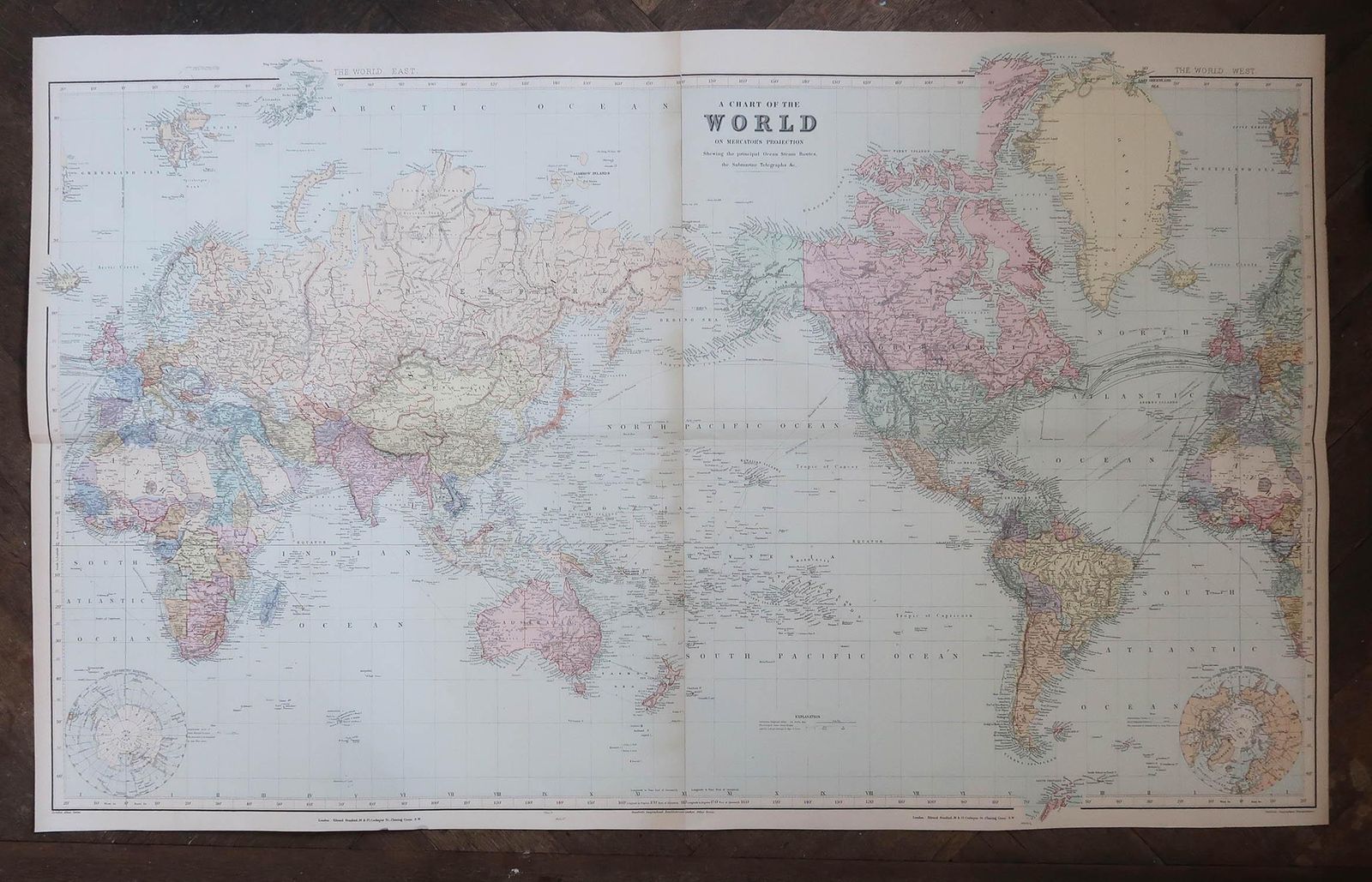 Large Original Antique Map Of The World On Mercator's Projection. 1894 photo furniture