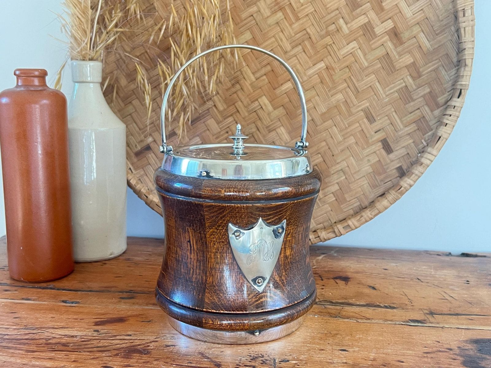 Rare Waisted Oak & Silver Plate Ice Bucket – Hourglass Biscuit Barrel – Antique English Treen – Monogrammed Silver Shield – Barware Decor