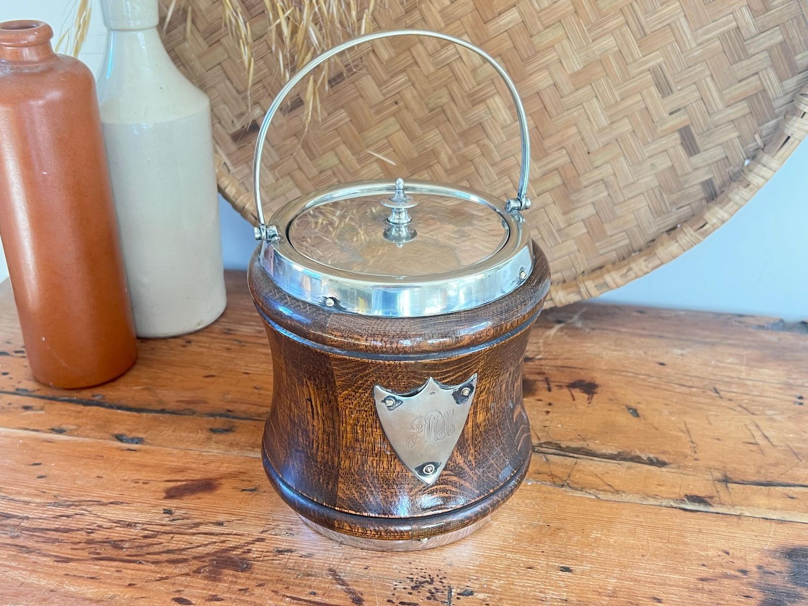Rare Waisted Oak & Silver Plate Ice Bucket – Hourglass Biscuit Barrel – Antique English Treen – Monogrammed Silver Shield – Barware Decor photo furniture