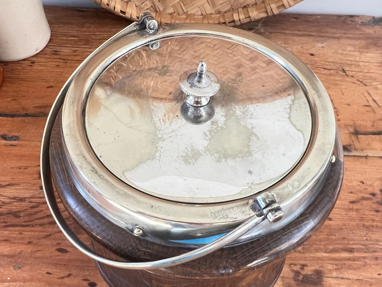 Rare Waisted Oak & Silver Plate Ice Bucket – Hourglass Biscuit Barrel – Antique English Treen – Monogrammed Silver Shield – Barware Decor photo vintage