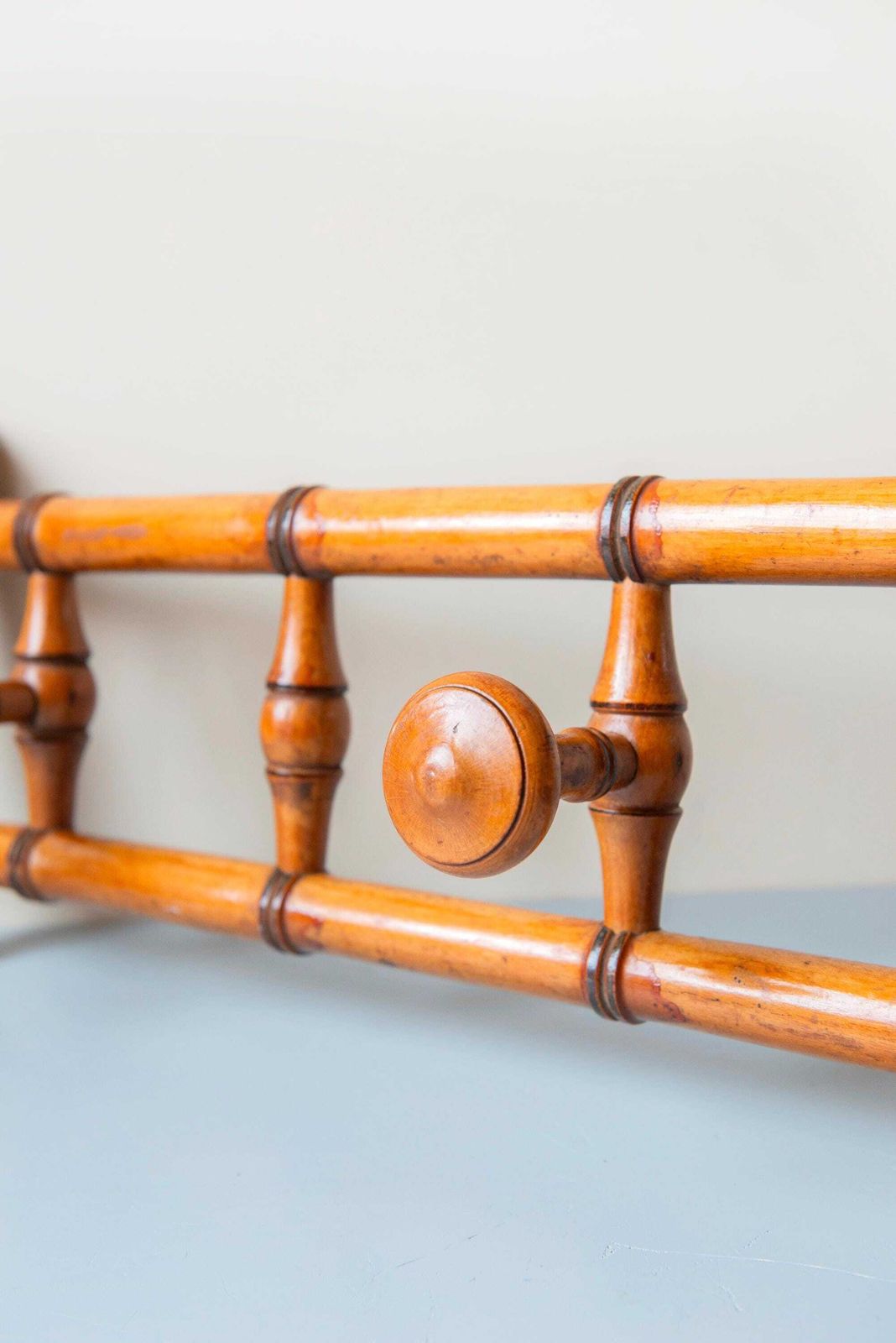 photo for sale Antique French Wooden Coat Rack With Turned Rotating Pegs   Wall Mounted Hat Rack, Early 1900s