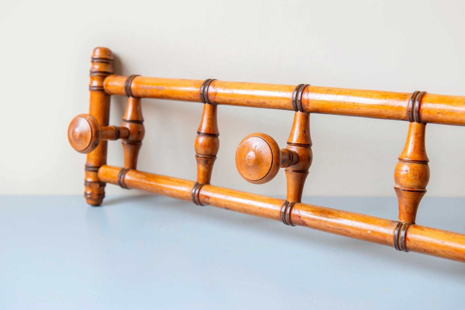 photo vinterior Antique French Wooden Coat Rack With Turned Rotating Pegs   Wall Mounted Hat Rack, Early 1900s