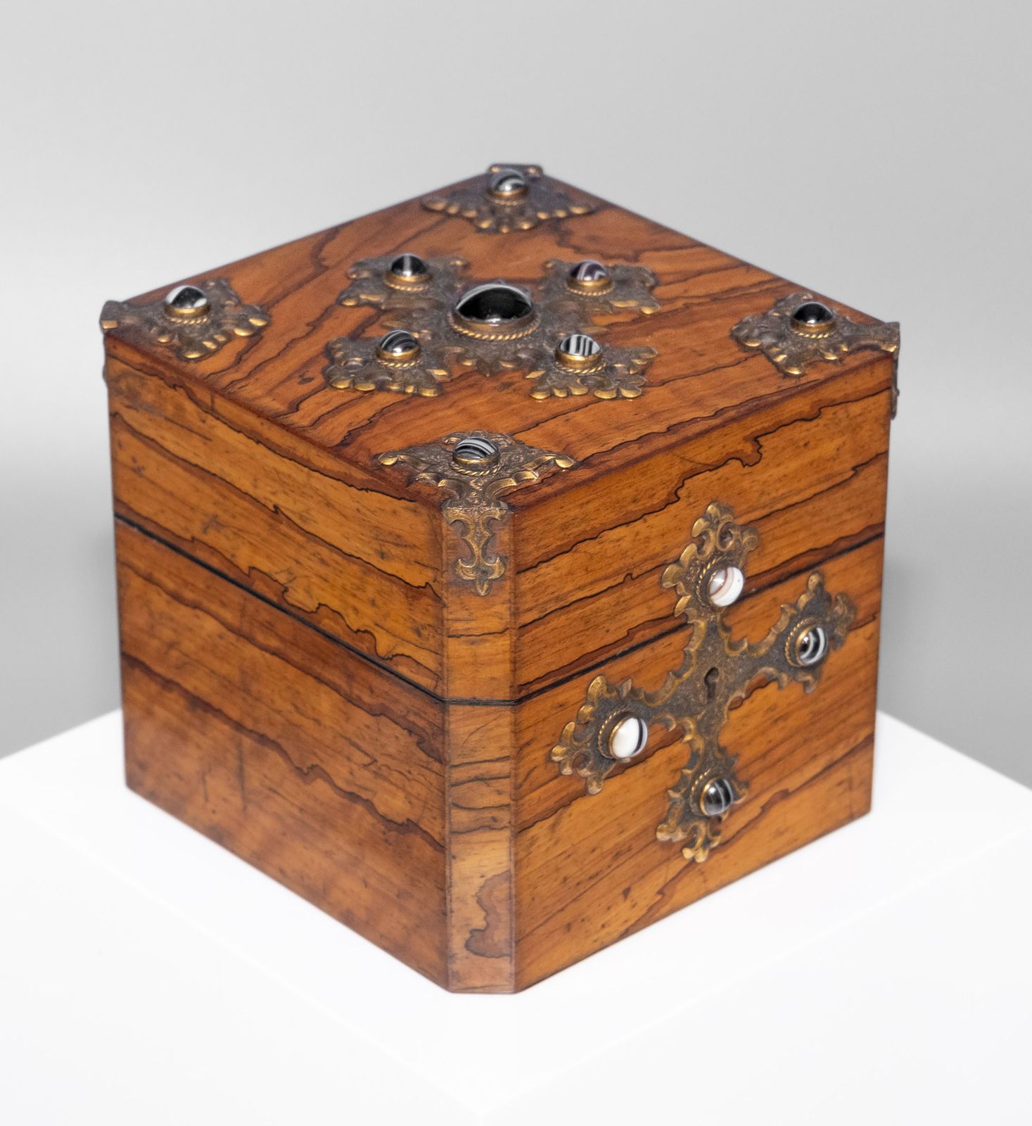 Gothic Revival Olive Wood With Banded Agate Cabochons Jewellery Casket Box Circa 1880 photo vintage