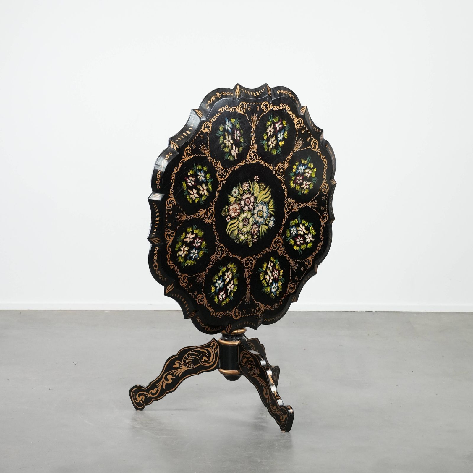 Stunning Antique English Hand Painted Floral Tilt Top Table From The Late 19th Century.