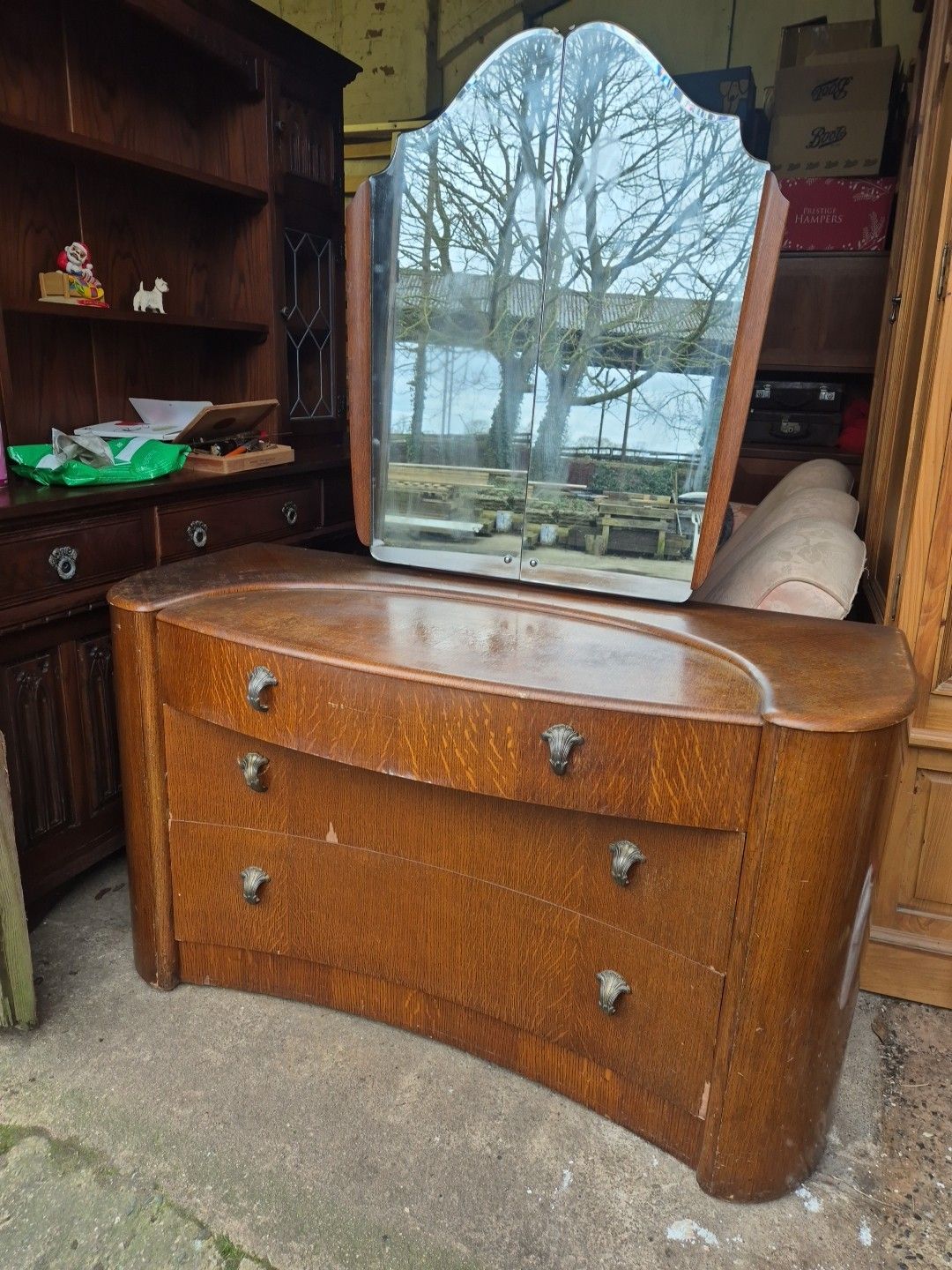 Vintage Bow Fronted Dressing Table / Chest Of 3 Drawers With Hidden Shelves photo furniture