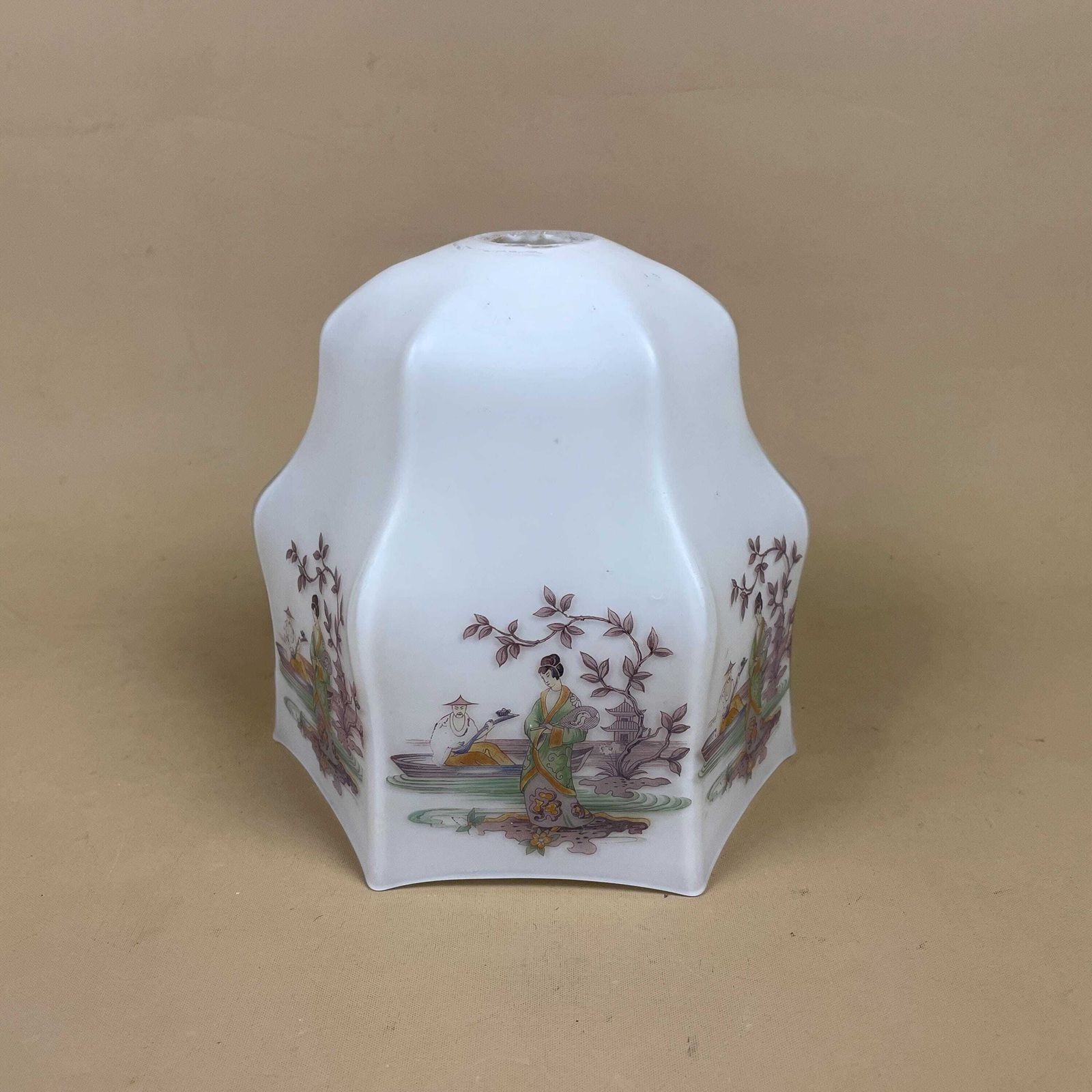 Oriental Japanese Lampshade Glass Lamp Shade Light Bedside Table Floral Figures Design Pattern White Antique Vintage Patterned