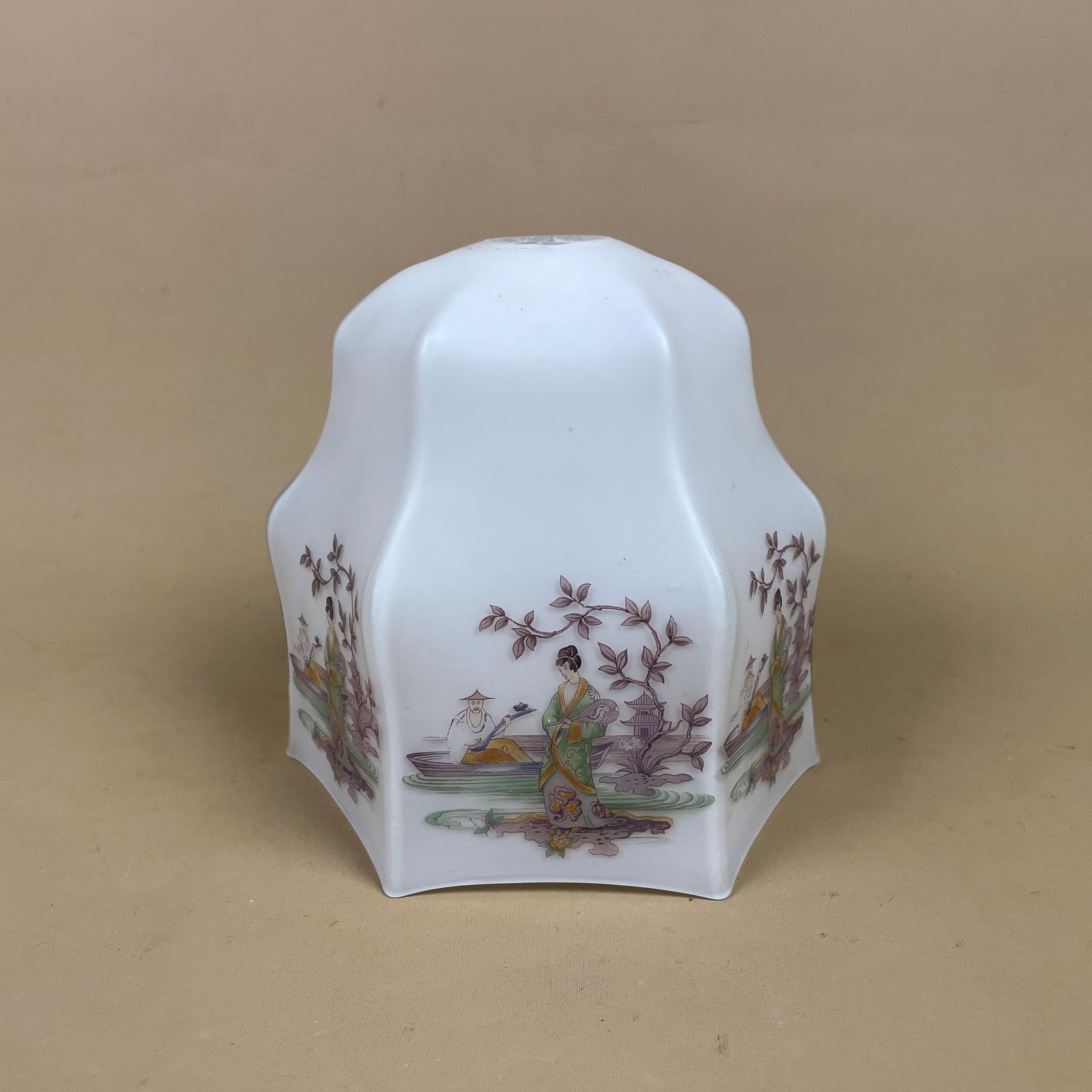 Oriental Japanese Lampshade Glass Lamp Shade Light Bedside Table Floral Figures Design Pattern White Antique Vintage Patterned photo for sale