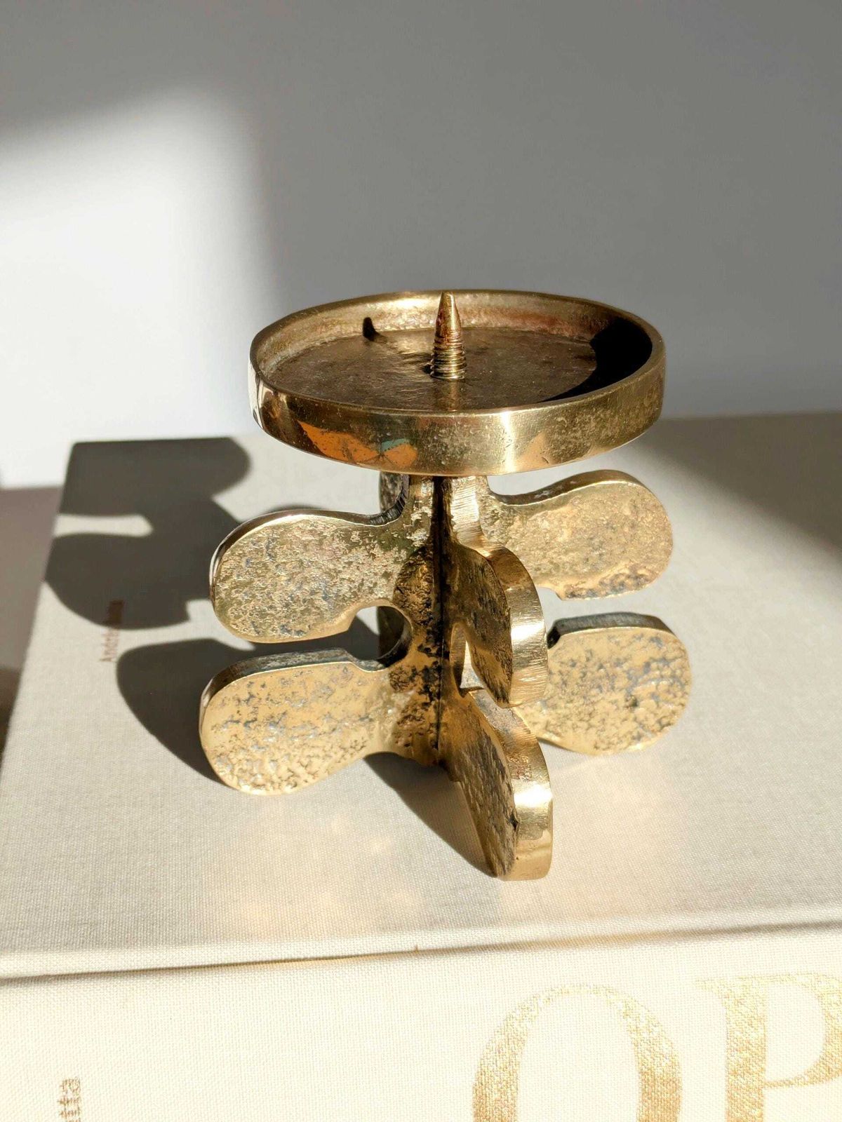 Midcentury Gallo Brass Pillar Candle Holder, Brutalist Design By Giuseppe Gallo, Italy 1960s photo for sale