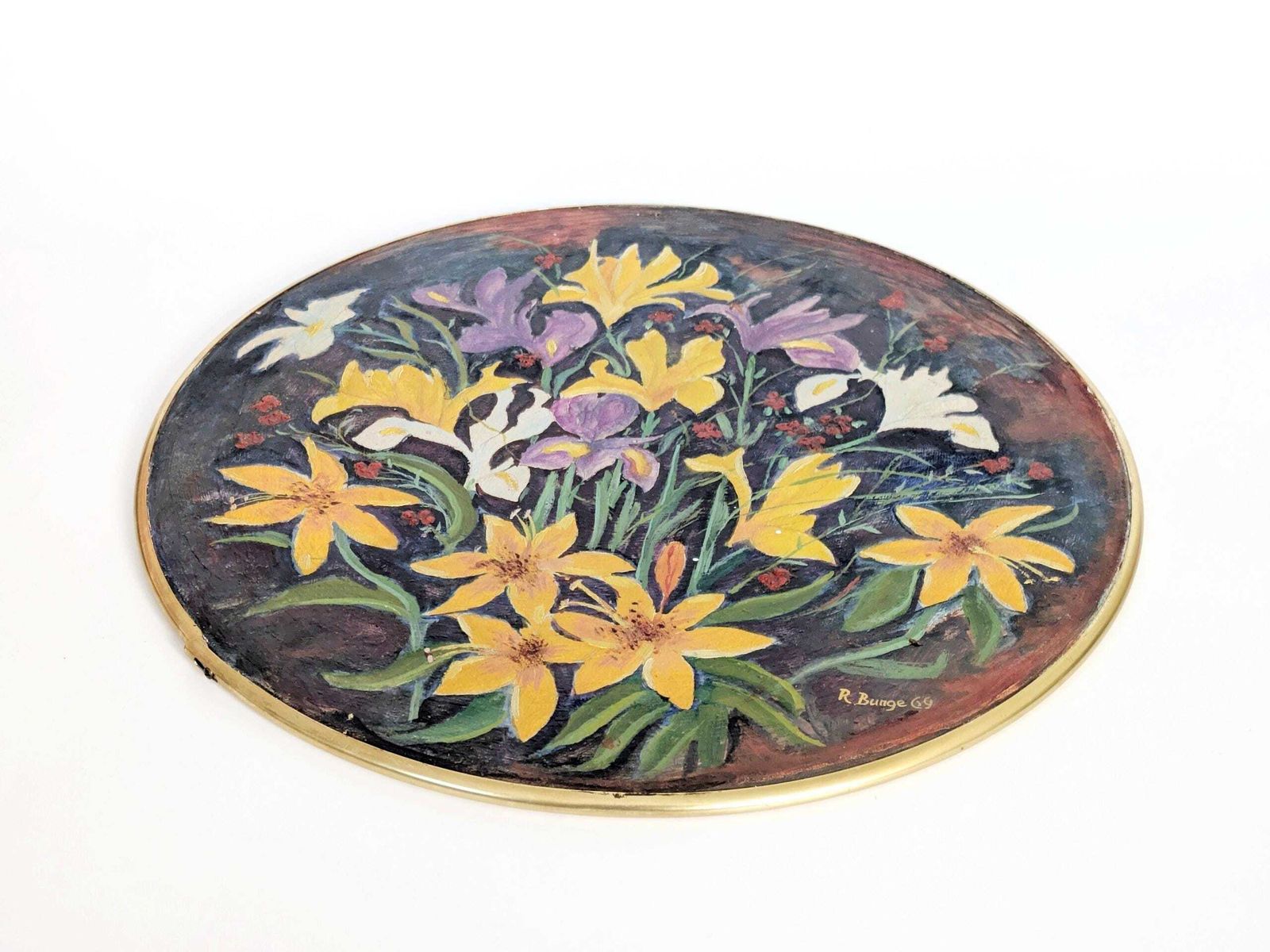 Midcentury Round Floral Oil Painting On Board, Brass Rim, Spring Bouquet, Signed 1969 photo for sale
