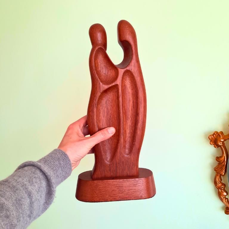 Tall Mcm Teak Wood Sculpture Of A Couple Embracing Each Other 15.5''