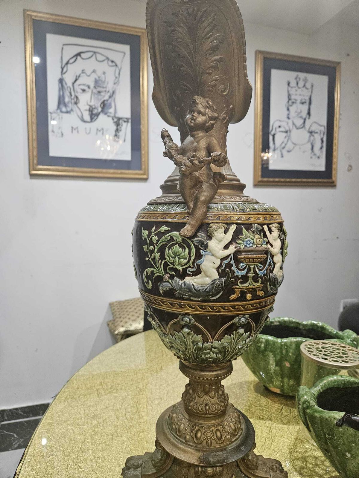 Pair Of Large 19th Century Majollica And Bronze Ewers photo for sale