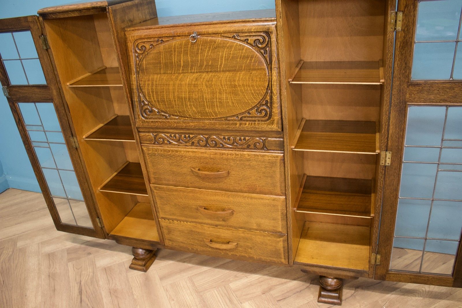 photo for sale Vintage Oak Art Deco Glazed Bookcase Display Cabinet, 1930s #1702