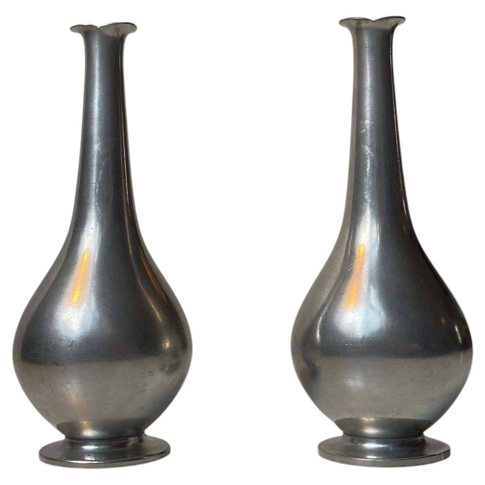 Just Andersen Art Deco Fish Mouth Vases In Pewter, 1930s