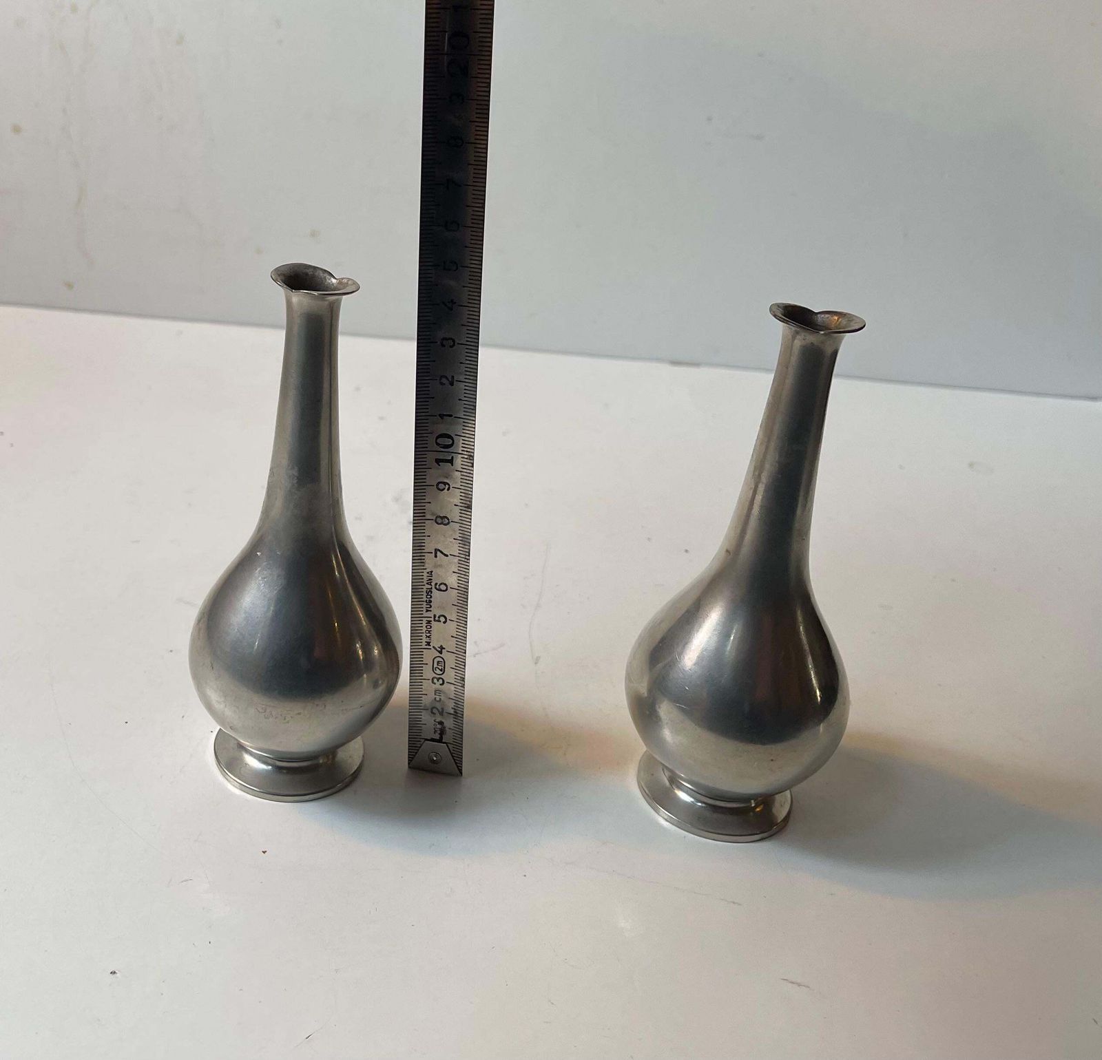 photo furniture Just Andersen Art Deco Fish Mouth Vases In Pewter, 1930s