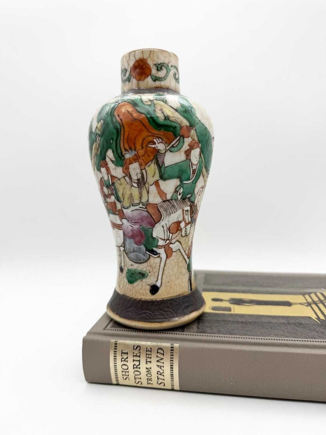 Antique Chinese Crackle Vase, Battle Scene Canton Style Vase Circa 1890