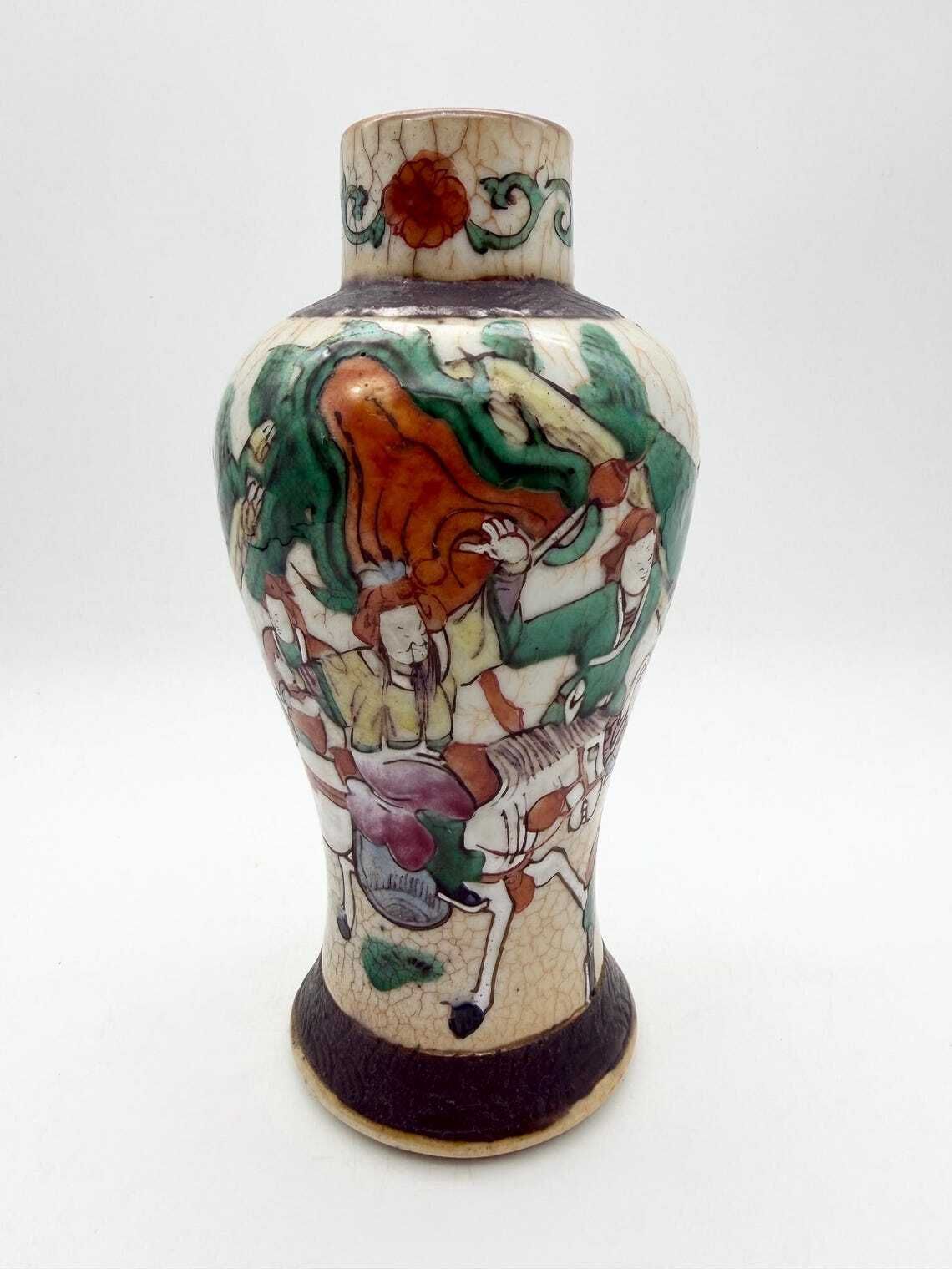 Antique Chinese Crackle Vase, Battle Scene Canton Style Vase Circa 1890 photo for sale