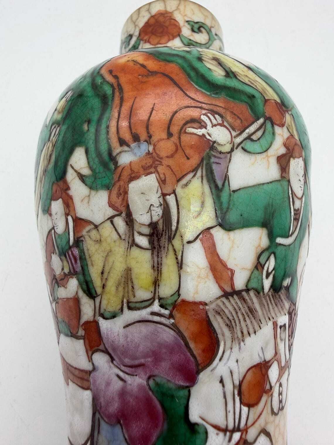 Antique Chinese Crackle Vase, Battle Scene Canton Style Vase Circa 1890 photo vintage