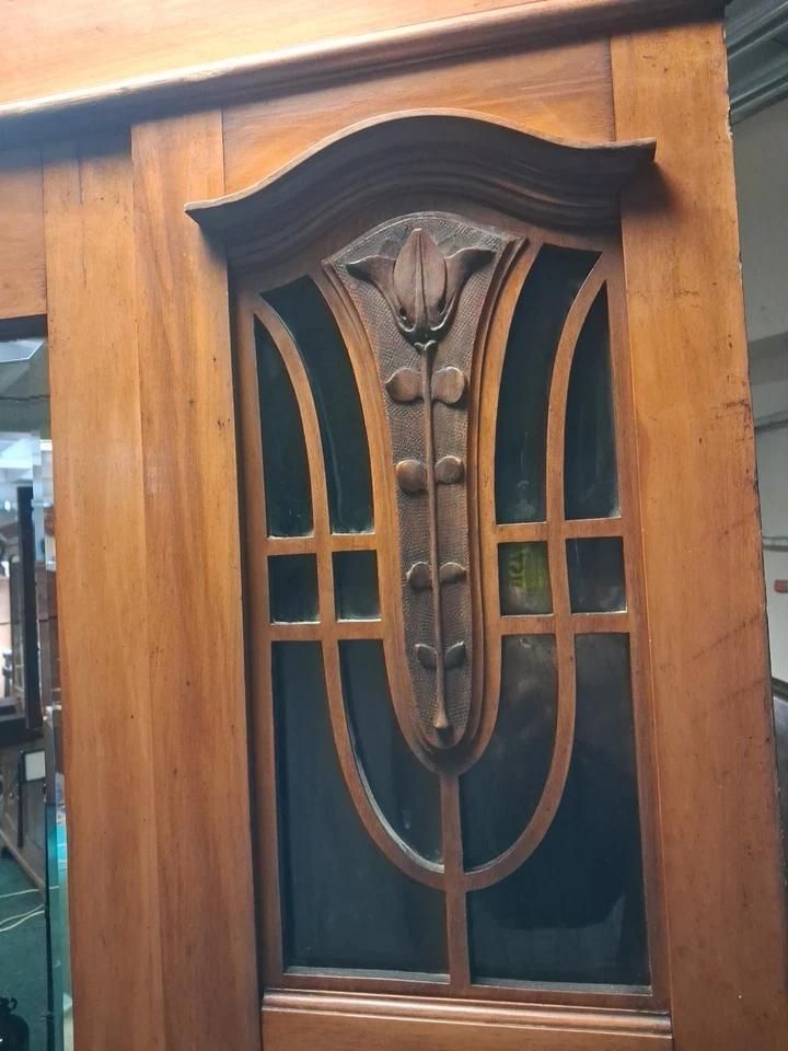 Antique Art Nouveau Satinwood Mirrored Wardrobe With Panels & Glass Windows photo furniture